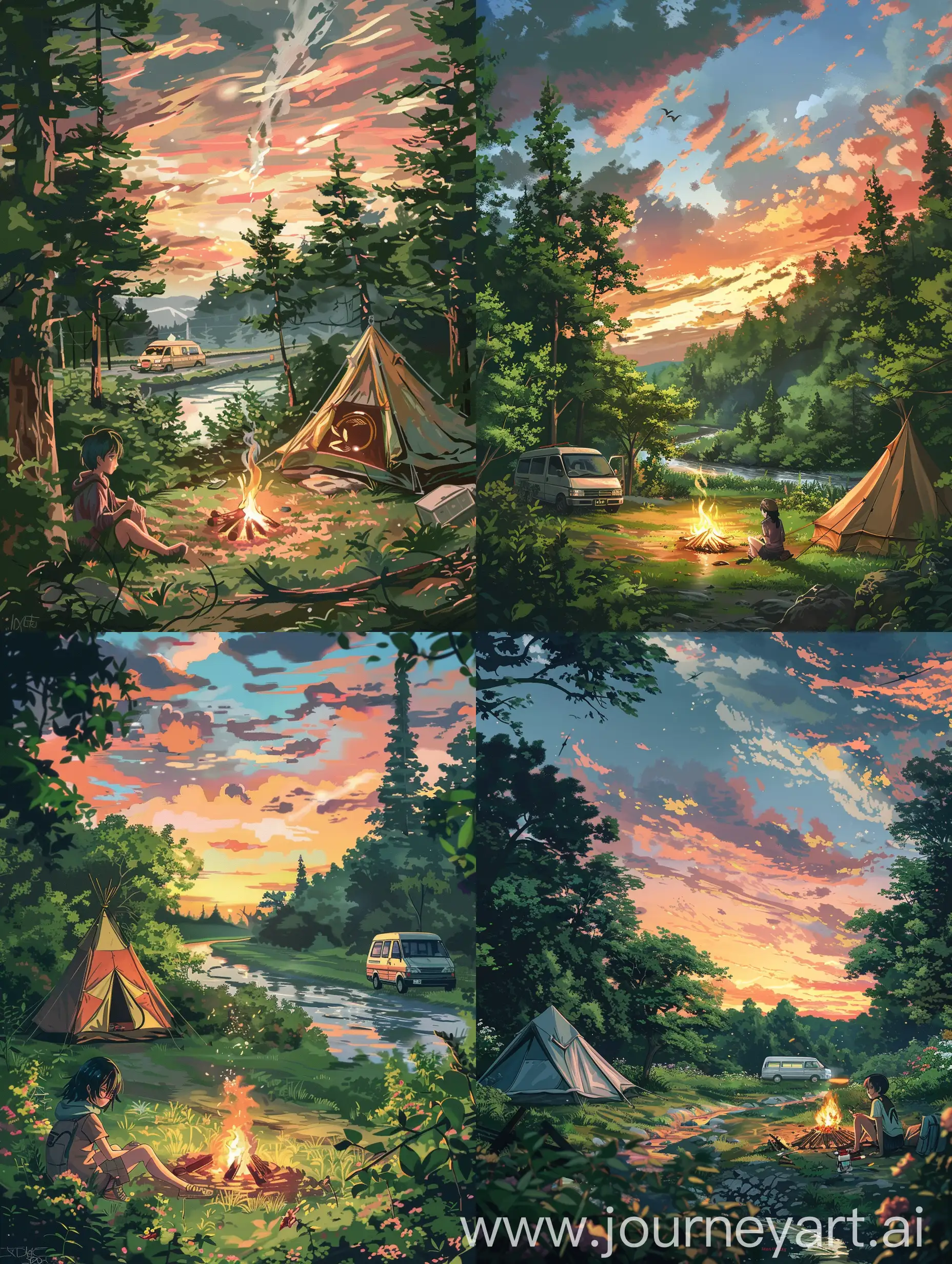 Beautiful anime style,Makato Shinkai style with a mix of ghibli style,an 18-year-old individual sitting near a crackling campfire, surrounded by the lush greenery of a small forest. In the background, depict a tent standing proudly amidst the trees, with a van cab visible at a distance, subtly hinting at an adventurous journey. Capture the essence of a serene summer evening with a sky painted in warm hues of pink and orange as the sun sets, casting a golden glow over the landscape. Ensure the inclusion of a tranquil river flowing gently nearby, adding depth and movement to the scene.






