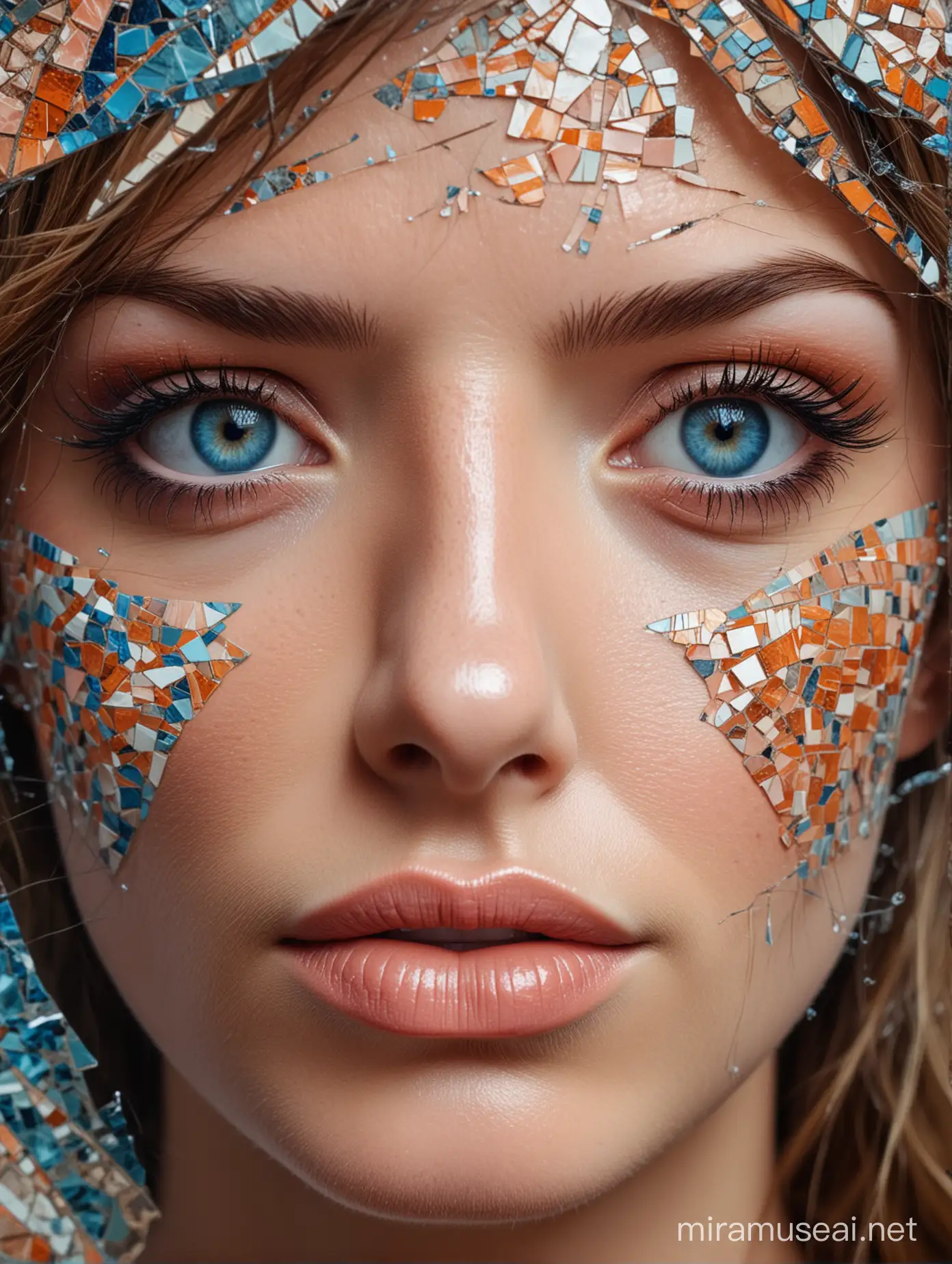 A close-up portrait of a woman's face in a mosaic collage style. The woman is facing forward symmetrically with her blue eyes being the most detailed, making direct contact with the viewer. Her skin is depicted with warm tones of orange and brown, contrasting with cool tones of blue and gray in the shards. The geometric shapes composing her face resemble shattered glass or tiles, with dynamic textures and varied colors. Her lips are slightly parted, in a soft pink hue, adding a natural touch to the abstract and angular composition.