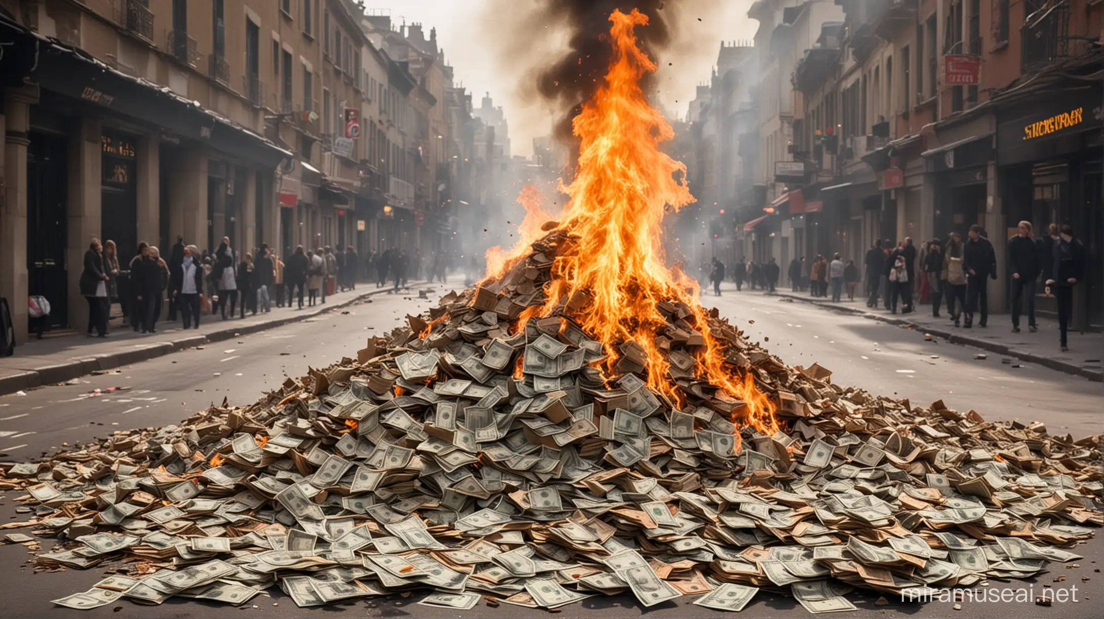 Flames Engulfing Stacks of Currency on Urban Streets