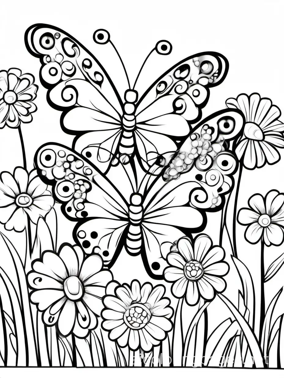 butterflies with flowers, coloring page, black and white, simple, without shadows, for kids, ample white space, Coloring Page, black and white, line art, white background, Simplicity, Ample White Space. The background of the coloring page is plain white to make it easy for young children to color within the lines. The outlines of all the subjects are easy to distinguish, making it simple for kids to color without too much difficulty