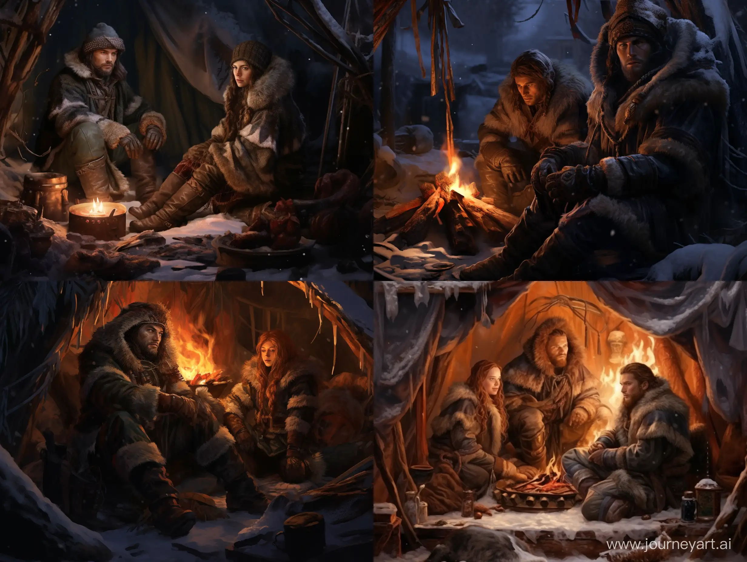 уставшие охотники сидят у костра в палатке в фентезийной зимней одежде и смотрят в сторону смотрящего