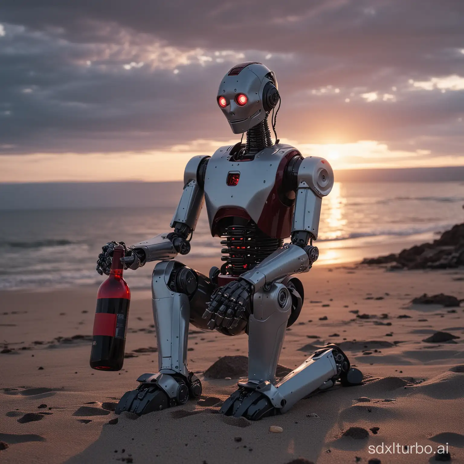photo of a (humanoid robot:1.3) (sits) on the beach of a baltic island and (drinks a bottle of red wine:1.2), sunset, dark atmosphere, Science-Fiction, future, shot with canon eos, film grain, 4k