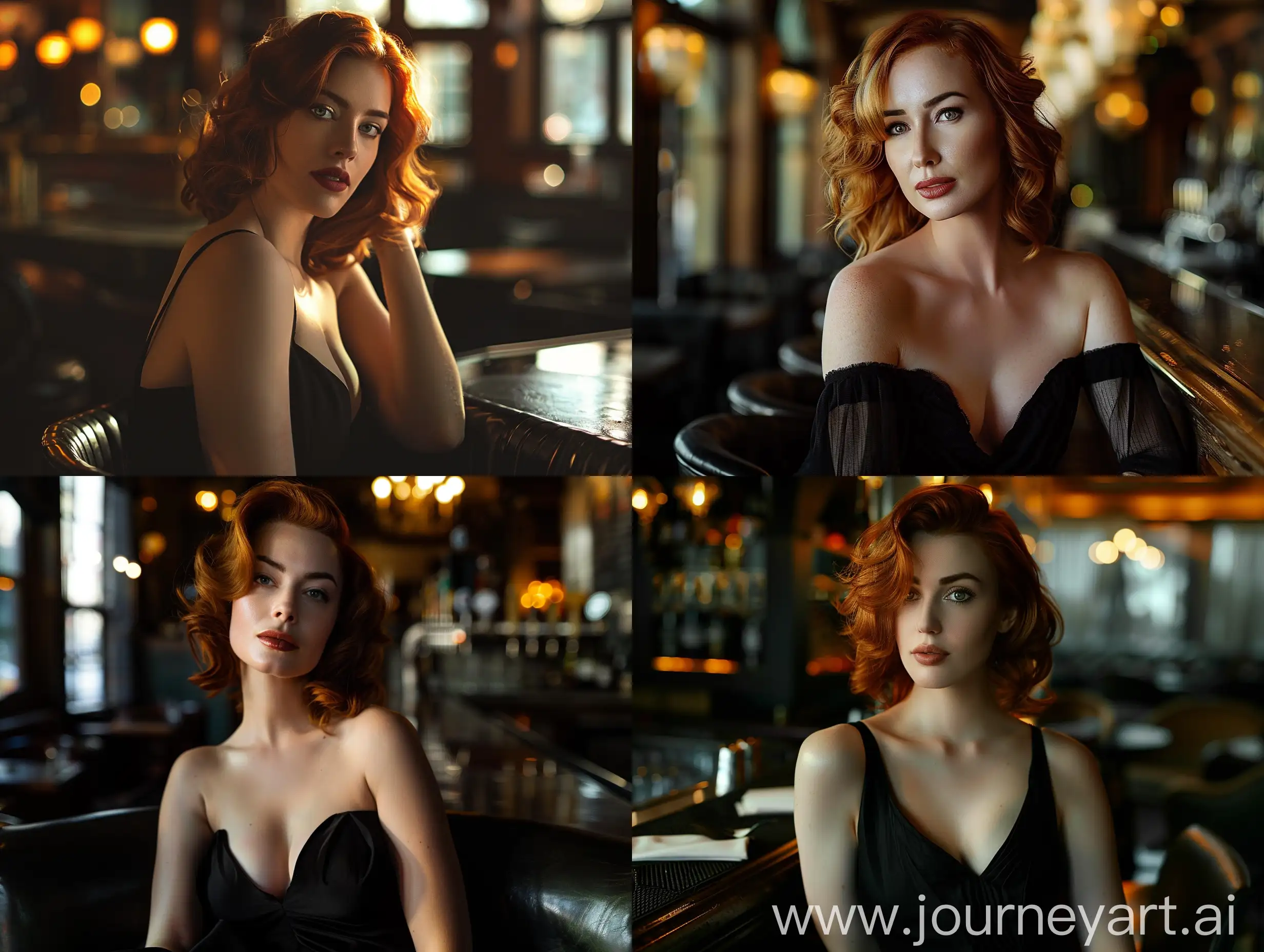 A beautiful woman with red hair, wearing a black dress, sitting in a bard, cinematic lighting 16:0 ar
