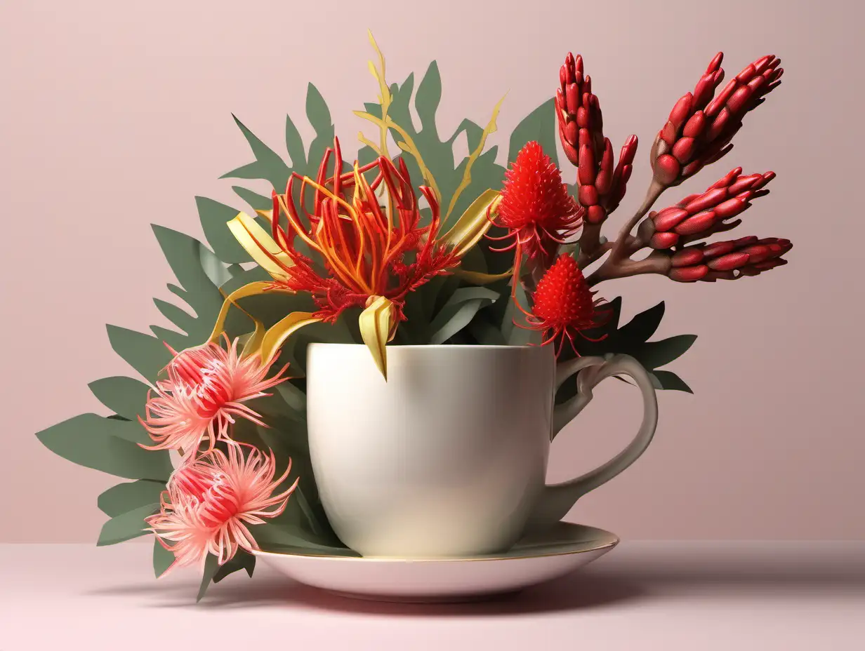 floral design featuring a combination of three iconic Australian flowers: kangaroo paw, waratah, and banksia. These flowers will be depicted in soft pastel colors, including shades of pink, yellow, and green, creating a gentle and elegant aesthetic suitable for an older woman. The arrangement will be balanced, with each flower type delicately positioned to showcase its beauty. Ample space will be left at the top and bottom of the cup to accommodate personalized text or messages. Overall, the design will evoke feelings of beauty, grace, and new beginnings, making it a perfect gift for someone embarking on their retirement journey.