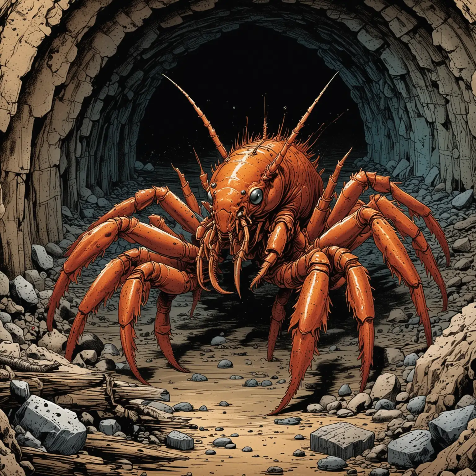 comic book inked color art style; one mutant crayfish with four powerful pincers and an armoured shell in a mine tunnel