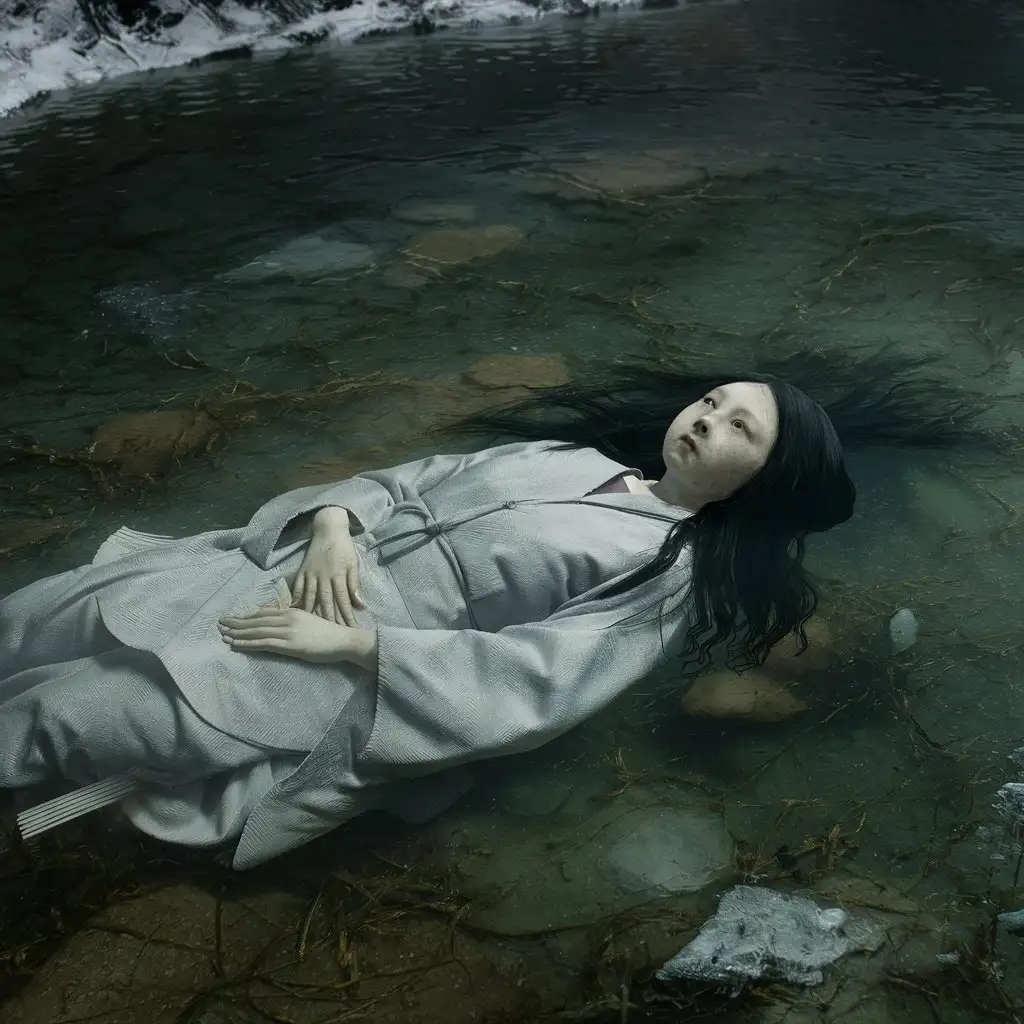 Tragic-Beauty-Drowned-Maiden-in-White-Kimono-at-Mountain-Lake