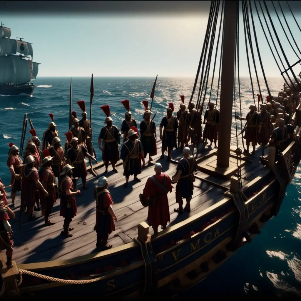 "Hi friends! Watch this video to learn how Julius Caesar confronted pirates. Explore the leader's exceptional strategies and join in on a historical adventure!"hyperrealistic,cinematic,8k