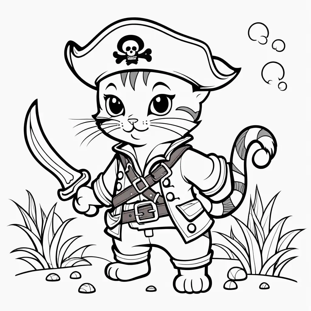 Coloring page with a very simple kitten dressed as a pirate, searching for treasure