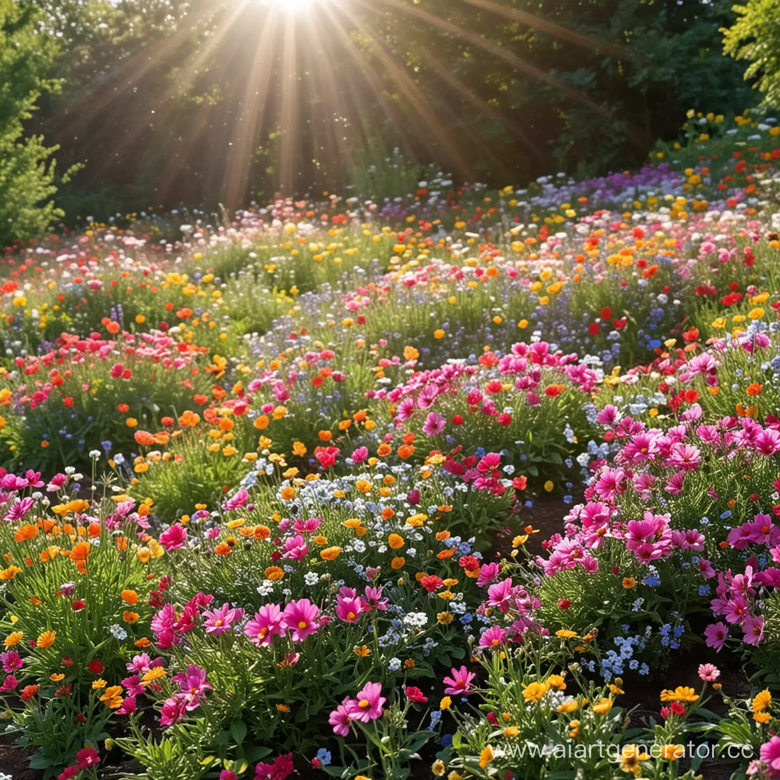Vibrant-Sunlit-Garden-with-Diverse-Floral-Patches