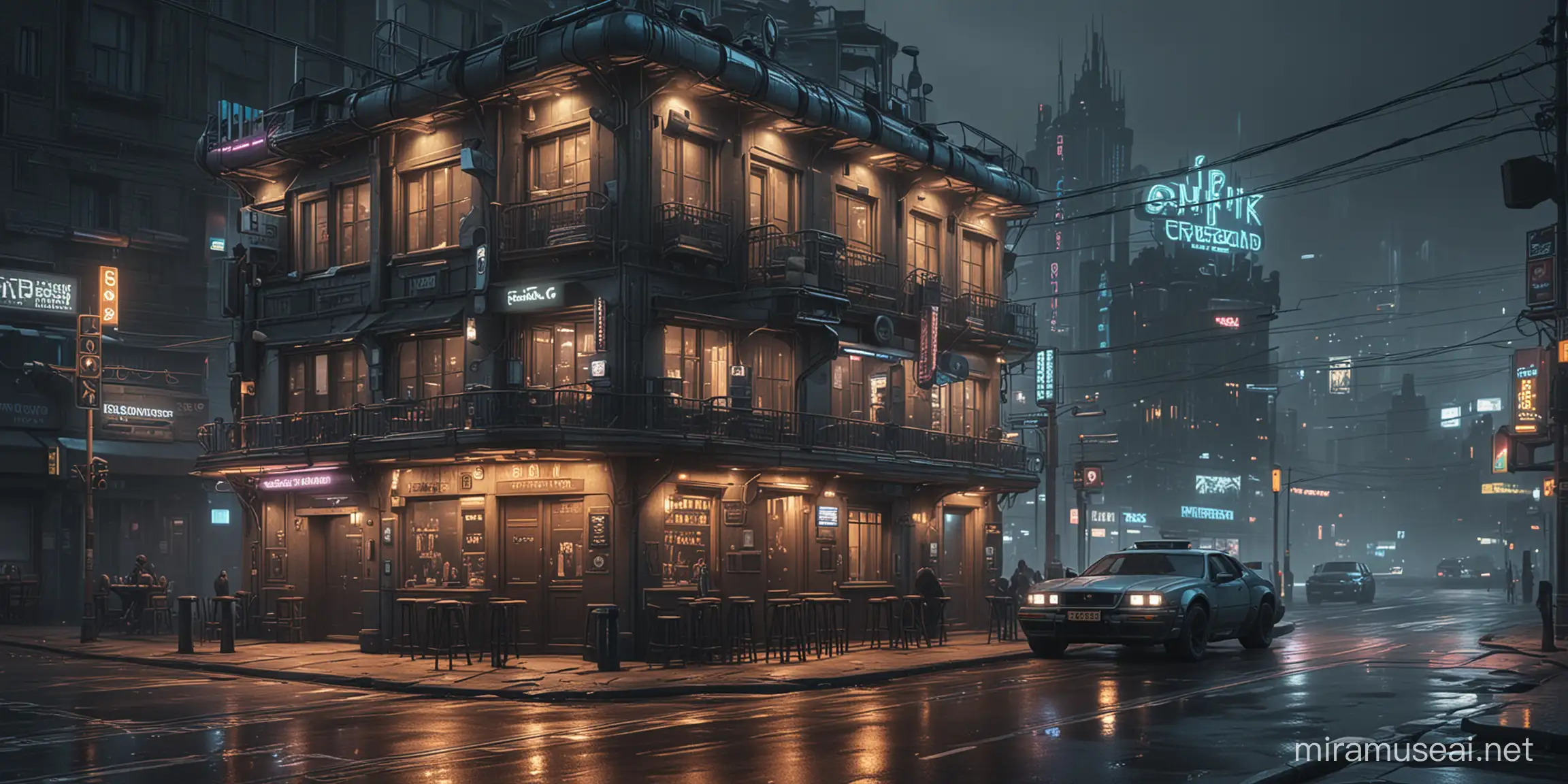 CyberPunk city with Pub and Bar and a road with car futuristic