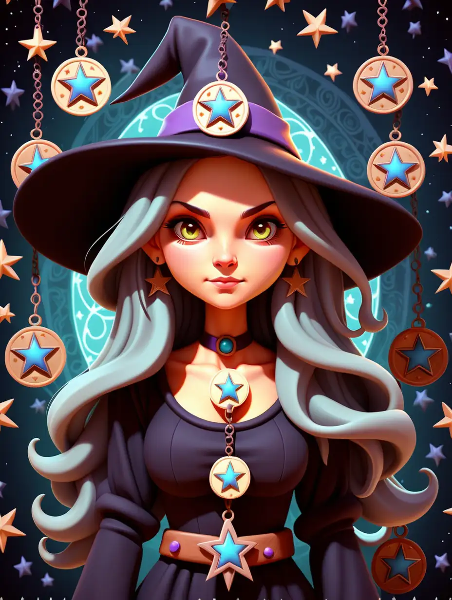 Enchanting Cute Witch with Nine Star Medallions in a Mystical Setting