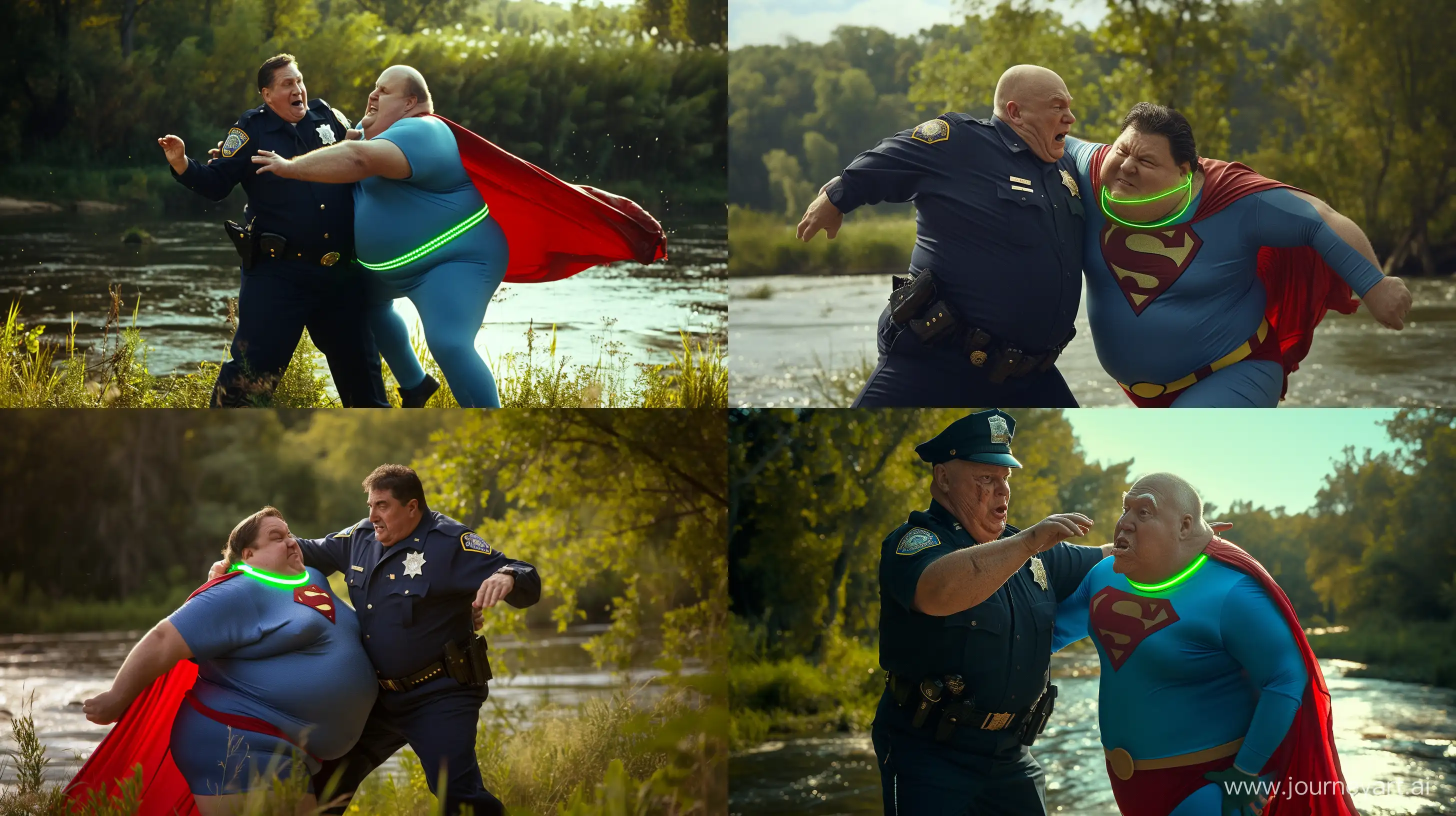 Photo of a fat man aged 60 wearing a navy police uniform tackling from behind a fat man aged 60 wearing a tight blue 1978 superman costume with a red cape  and a tight green glowing neon dog collar. Natural Light. River. --style raw --ar 16:9