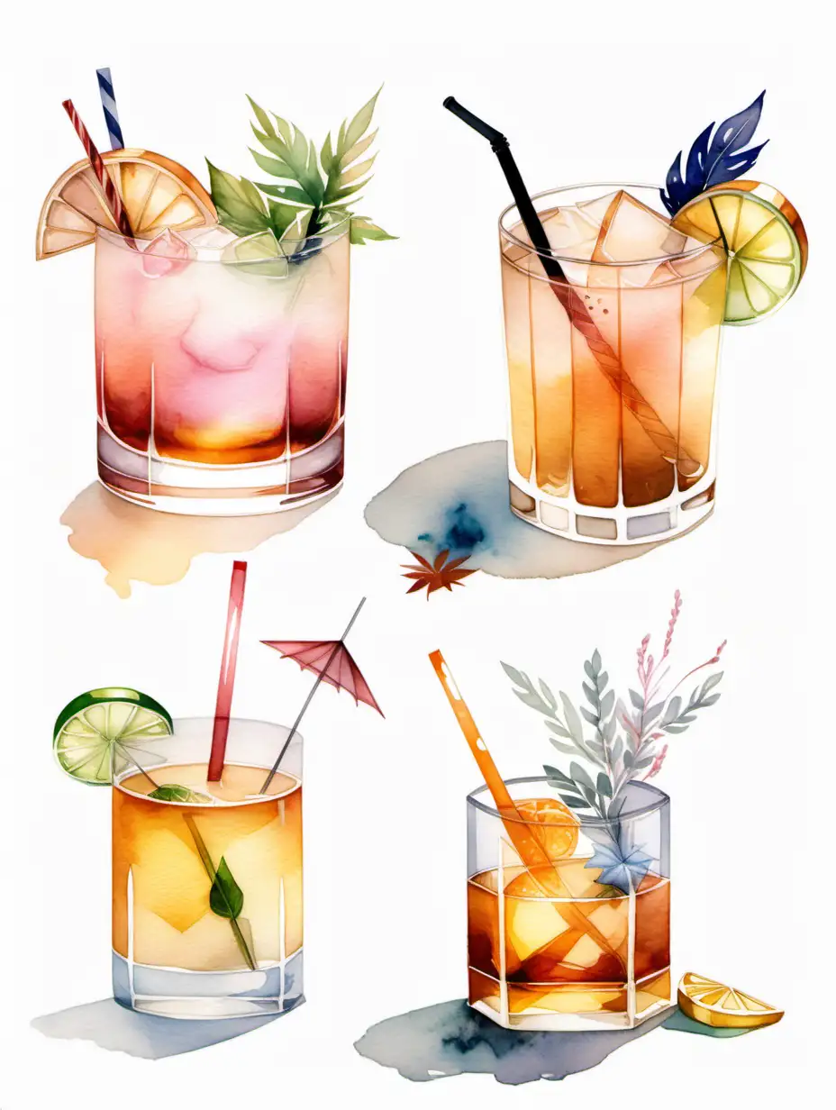 Elegant Watercolor Illustration of Artisanal Cocktails and Whiskey Drinks