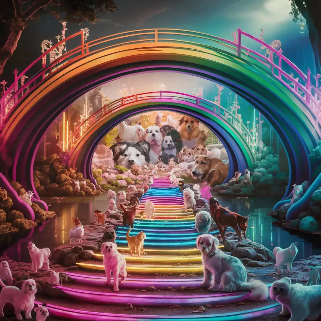 Envision a Rainbow Bridge arching over a tranquil river, leading to an ultra-detailed pet heaven. Glowing neon lights illuminate the pathway.