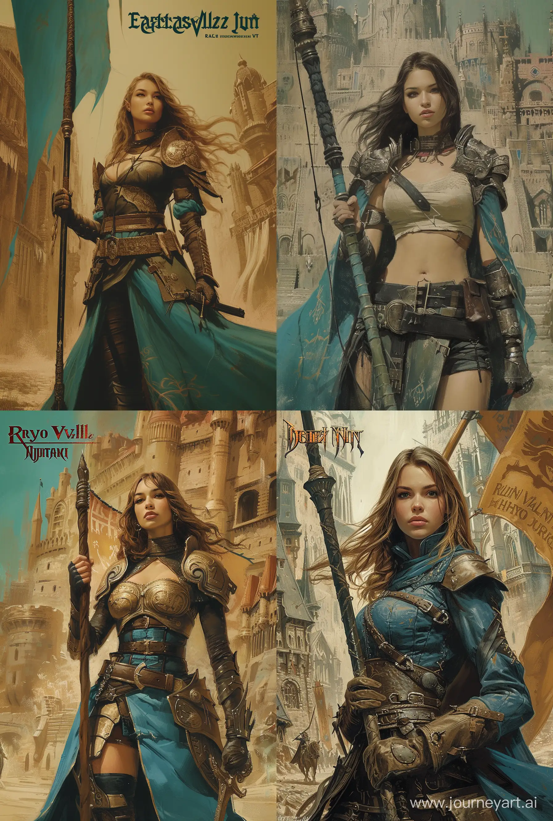 Fantasy Journal cover a female warrior holding a banner against the backdrop of an old Gothic city, in the style of dreamy realism, light brown and azure, western-style portraits, aurorapunk, realist detail, action scenes, dinamic pose, style by Royo Vallejo Whillan Jim Lee, power action--v 6.0 --ar 43:64 --s 250

