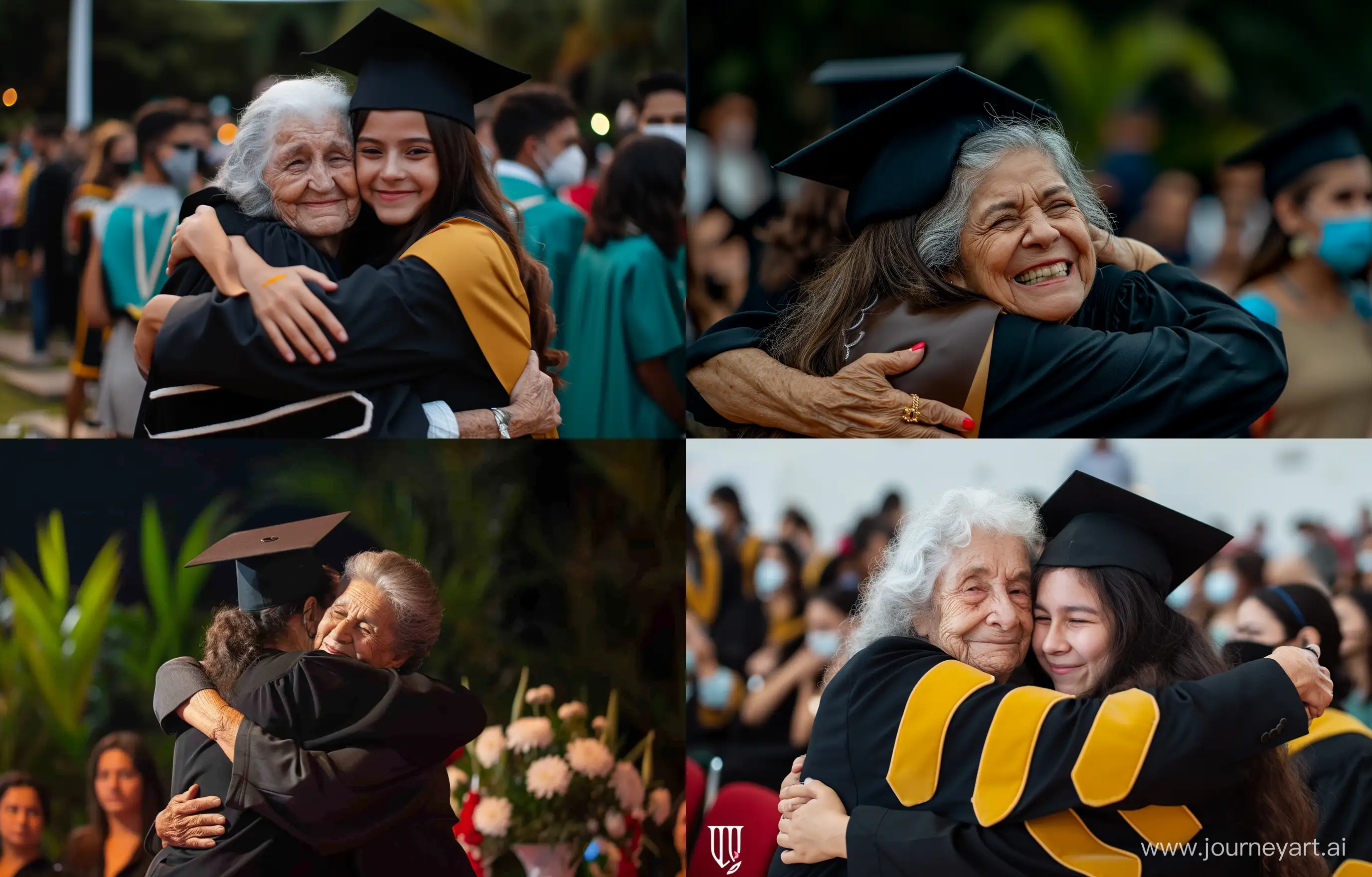 Photo taken in Pelotas, RS, Brazil, 10/27/2020, that shows a 59y woman hugging her 21y granddaughter at graduation from the faculty of biomedicine --v 6 --ar 14:9 --style raw