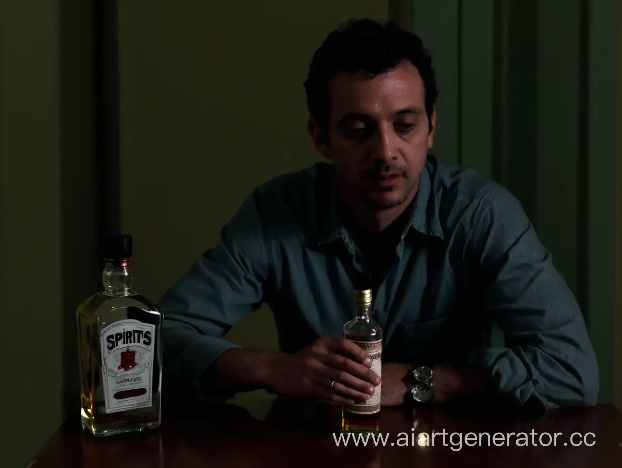 небрежно одетый мужчина сидит за столом с бутылкой спиртного