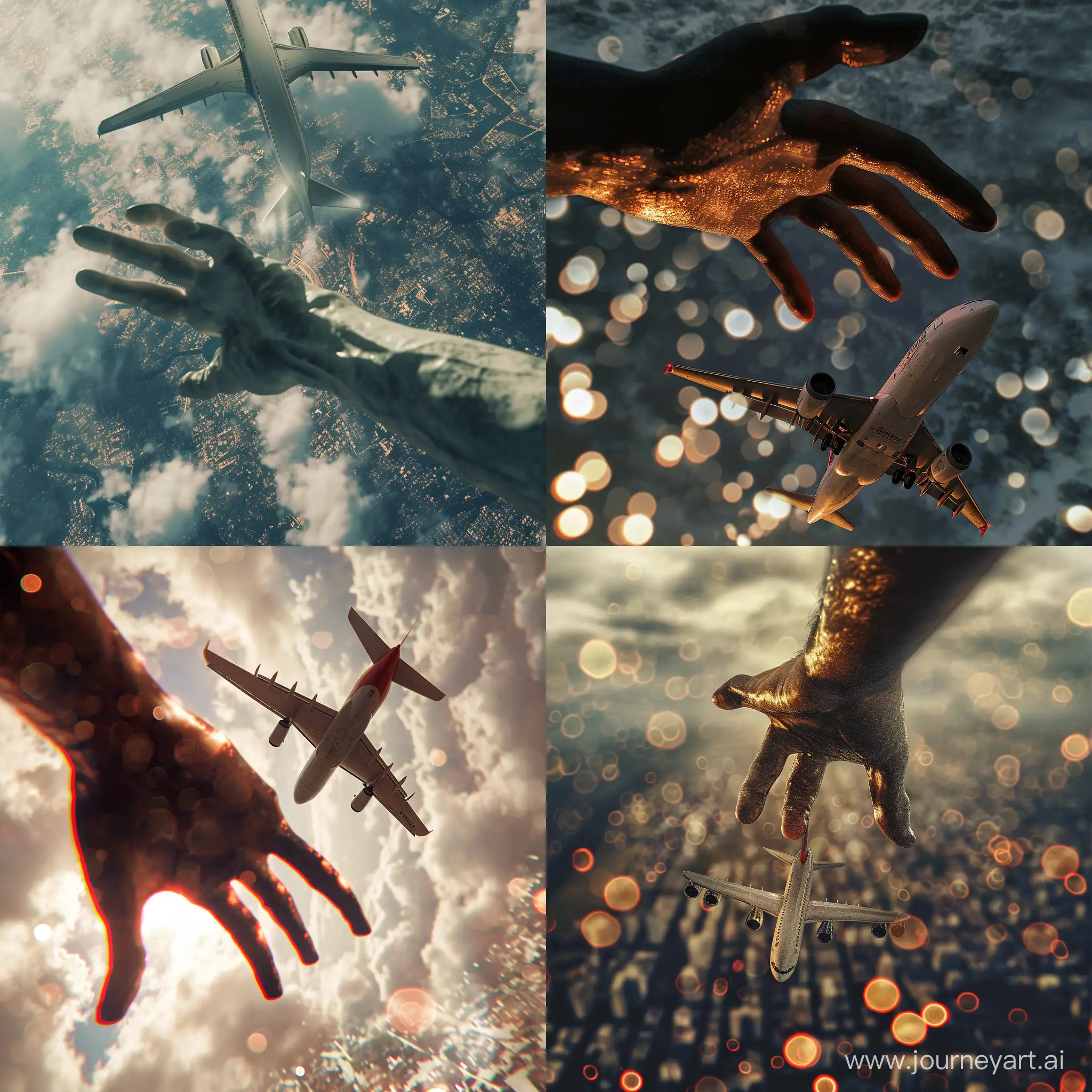 Create the image: A giant hand swiping a plane from above in the sky, hypre realistic, street view, 8k, bokeh