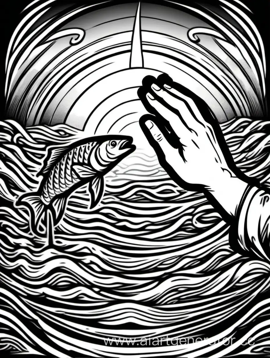 hand of jesus calling to fish, lineart, high contrast