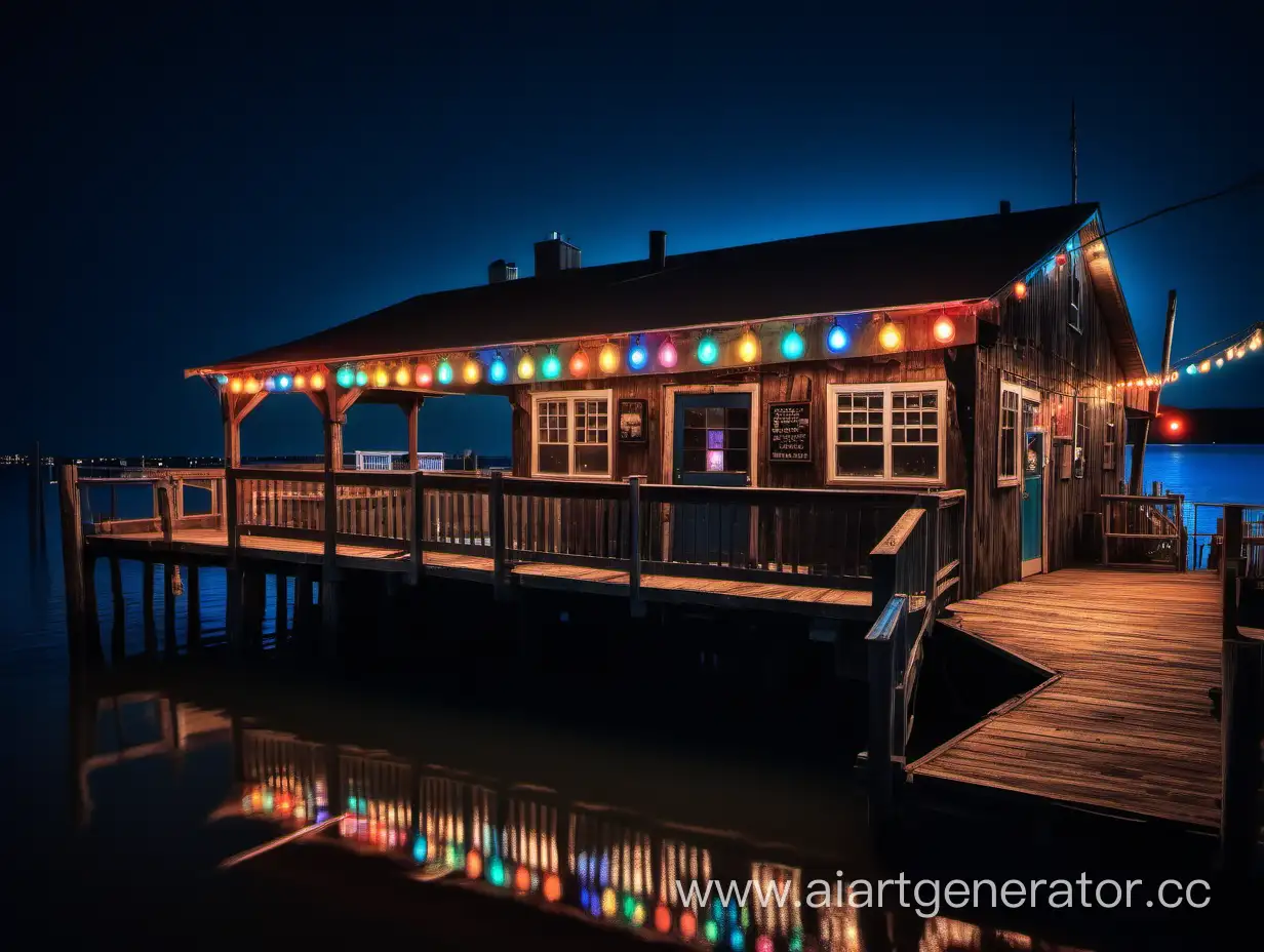 high quality digital photo, night time bayside background, a rustic cheasapeke bay bar sitting on a wharf, lights on, colorful lights strung around the eaves, wide