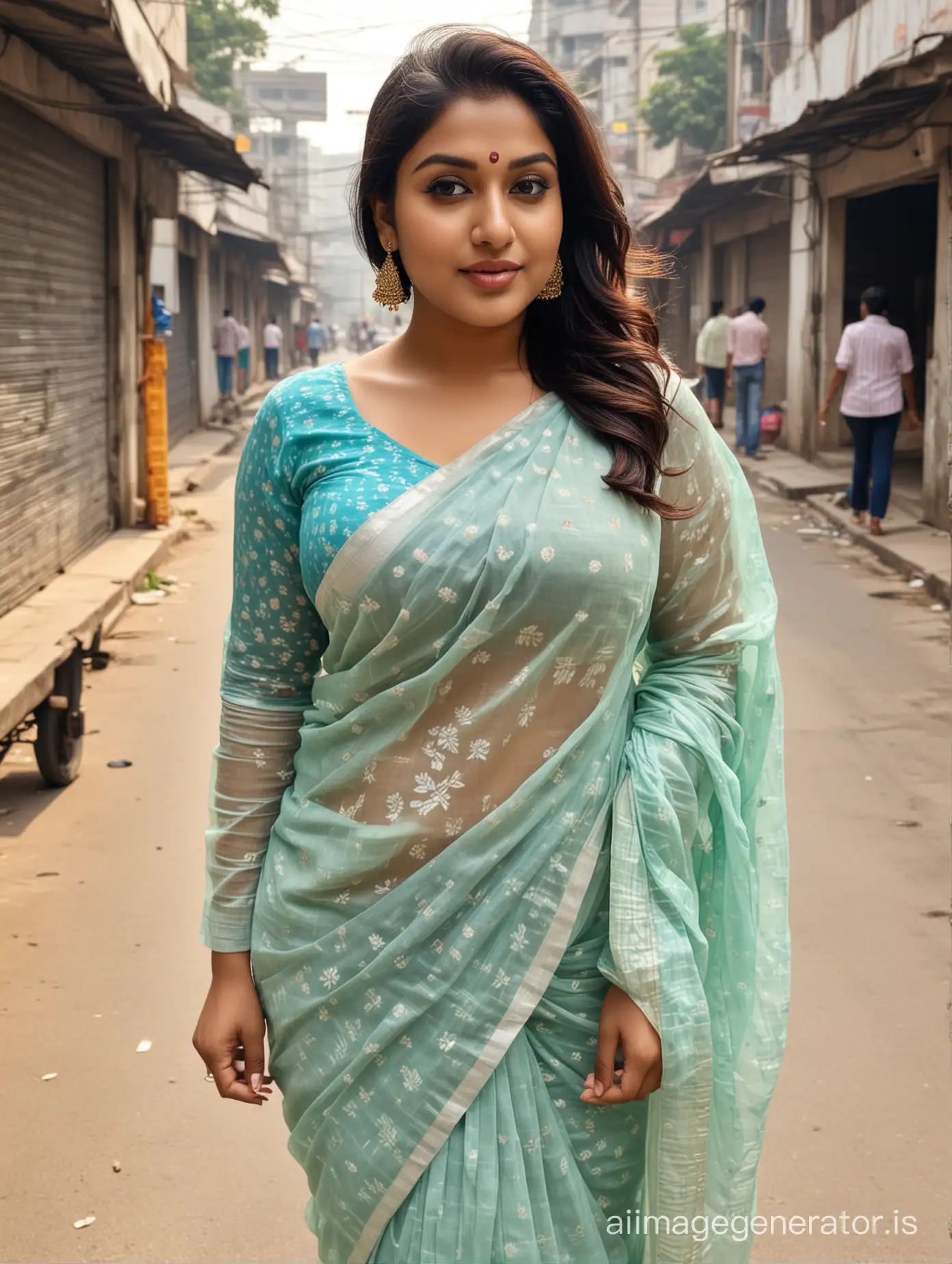 Stylish-Plus-Size-Indian-Women-in-Transparent-Saree-and-Full-Sleeve-Blouse-on-Urban-Street