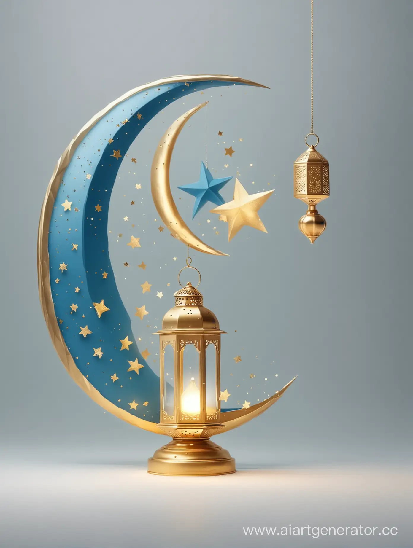 Islamic Ramadan  moon, star and lantern modern concept golden and BLUE ON white background