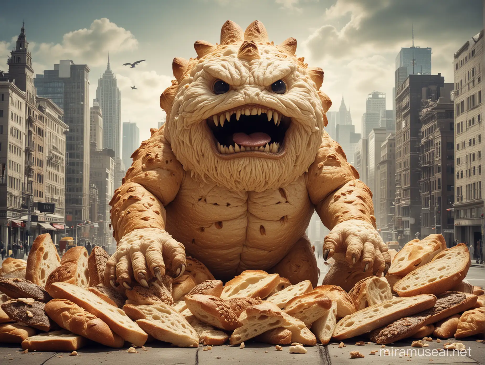 Bread monster kaiju, sourdough texture, destroying city, angry