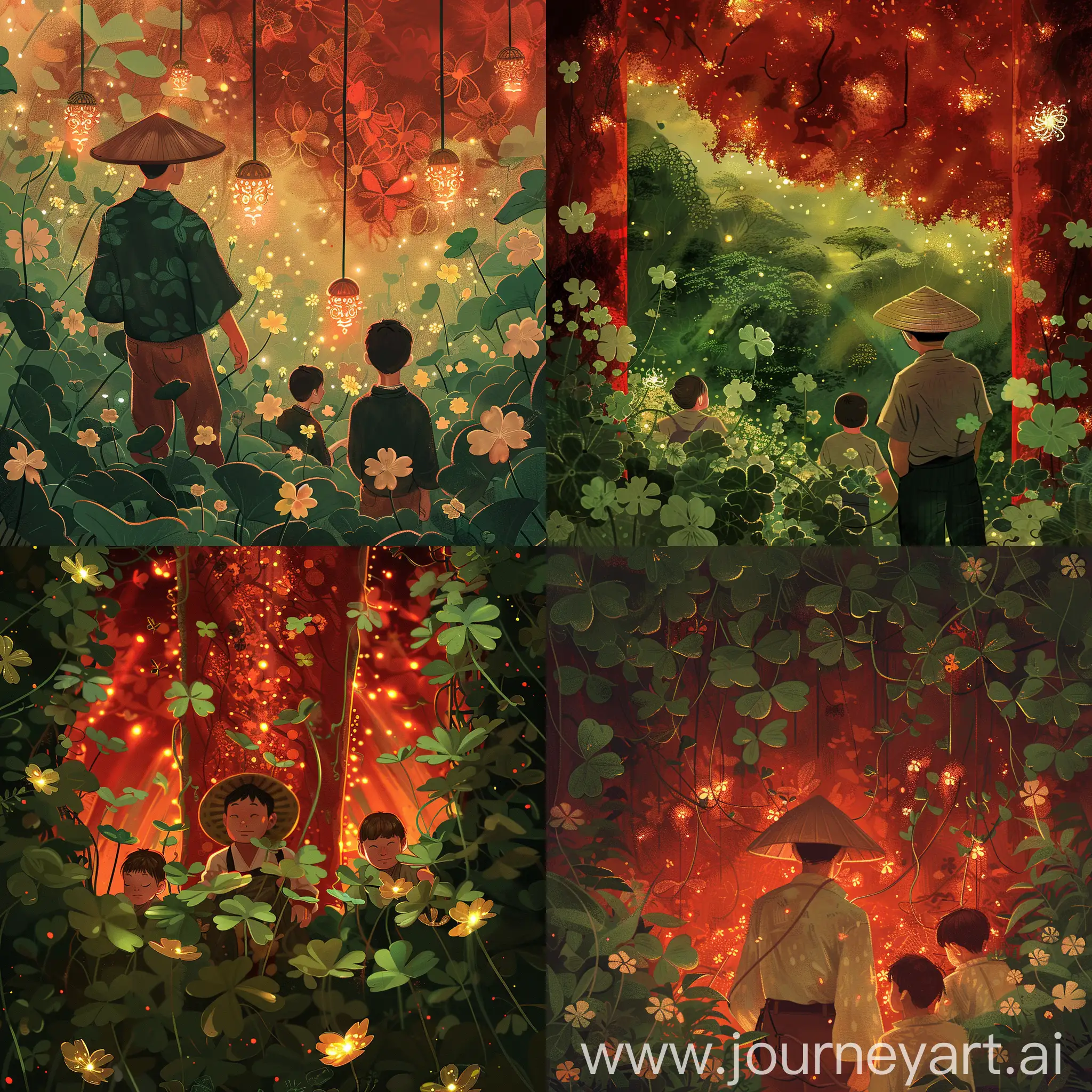 an illustration exploration a japan man on climbing hat with a 2boys, looking ((clover flowers lights))(zoom up), clover flowers fields jungle, in the style of dark gold molten filigree and red, confessional, playful and whimsical designs, notable sense of movement, i can't believe how beautiful this is, high-angle, hanging scroll