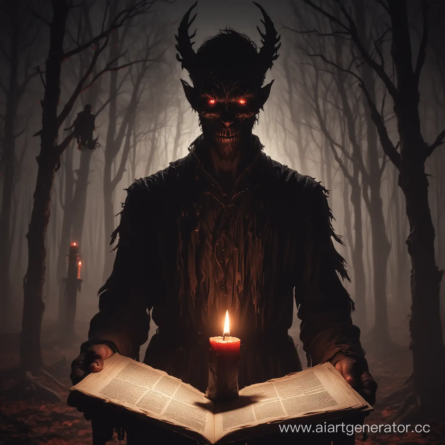 The shadow of a young guy who is holding a candle and a book in his hands, behind him stands an evil wendigo spirit with red, glowing eyes 