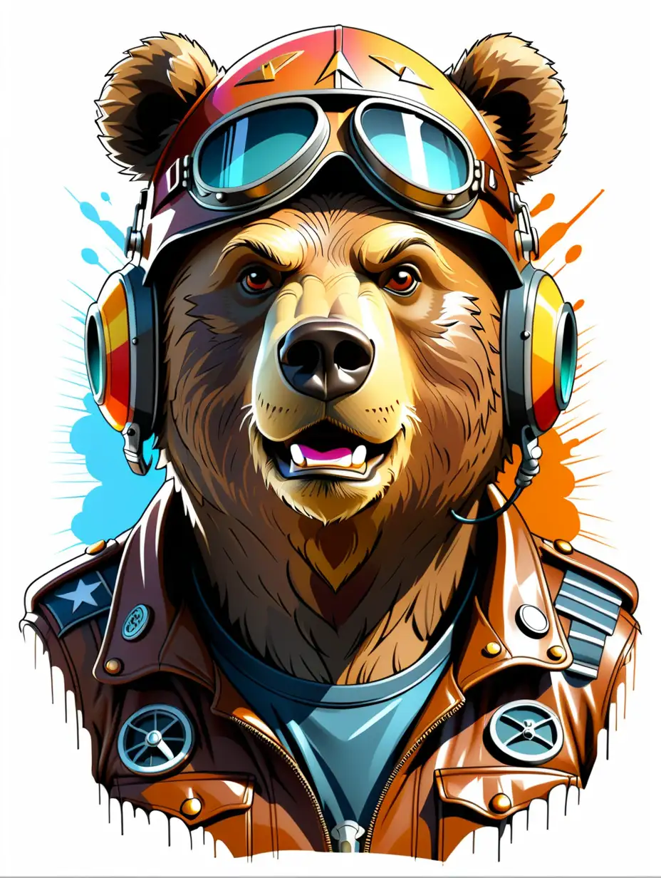 Graphic T-shirt vector of a pilot bear in the likeness of smoky the bear, detail design, colorful, contour, white background