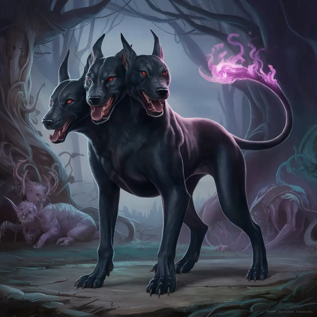 ThreeHeaded Black Hellhound Breathing Purple Fire