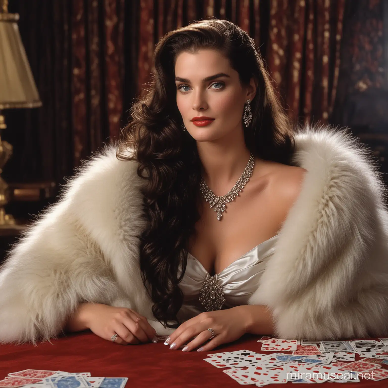 En un fondo oscuro con iluminación solar una mujer Brooke Shields joven hermosa de piel de porcelana, de labios brillantes de ojos azules y cabello negro muy largo peinado como las actrices del año 1950 con un collar de diamantes y un abrigo de piel , guantes rojos,recostada en una mesa de casinos cartas posando.