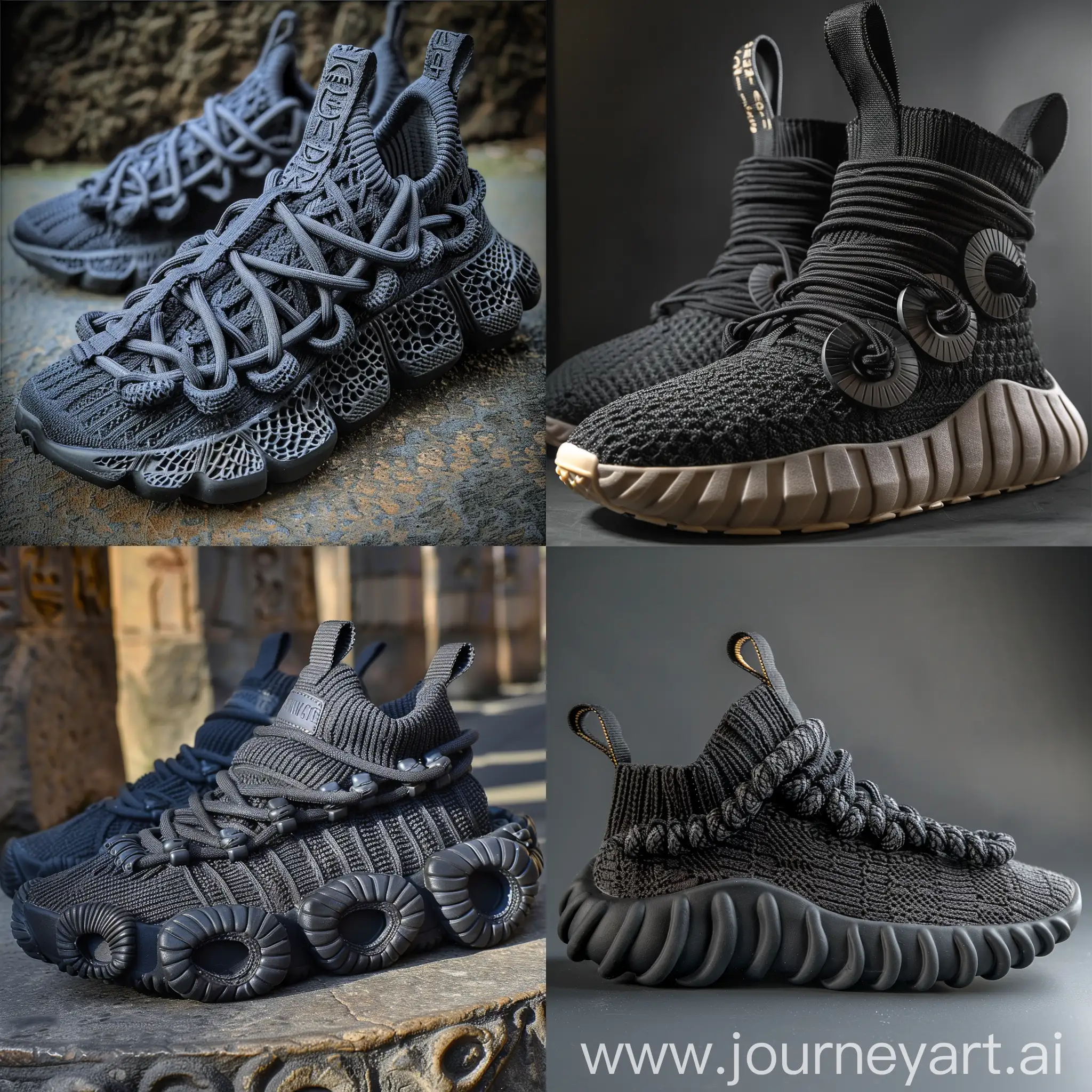 Sneakers design , inspiration by knitted fabrics , some knitted cables on it , rubber midsole , cable knitted on midsole , chunky , trendy , color black , knitted laces , circle of 5 laces on the top of sneakers , ancient Egypt tongue inspiration 