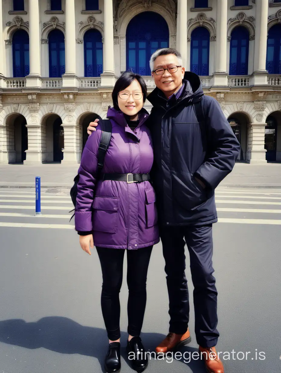 This is a selfie. A Chinese couple is standing in front of the City Hall of Valenciennes in France. The lady is gorgeous and young. She wears a white down jacket, blue jeans and white shoes. The man is around 50 years old. He is taller than the lady. The hair is short and grey. He wears glasses with black frame, purple dress shirt, black parka jacket, black trousers with black belt, brown leather shoes.