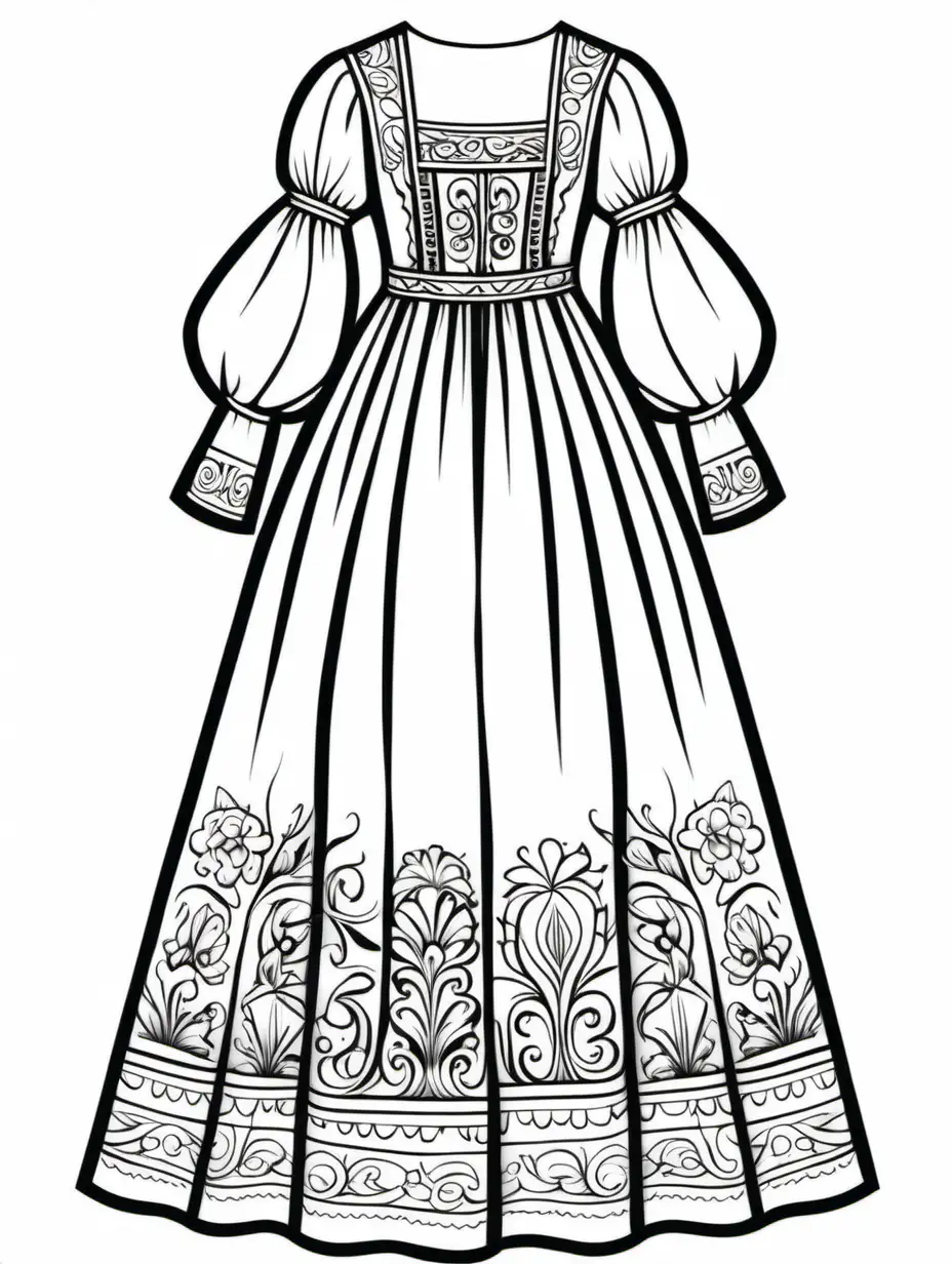 hungarian dress with sleeves, show the bottom of the gown, show the sides of the gown for coloring book, black and white, thick black lines, show 2 inch margin on the bottom of the page