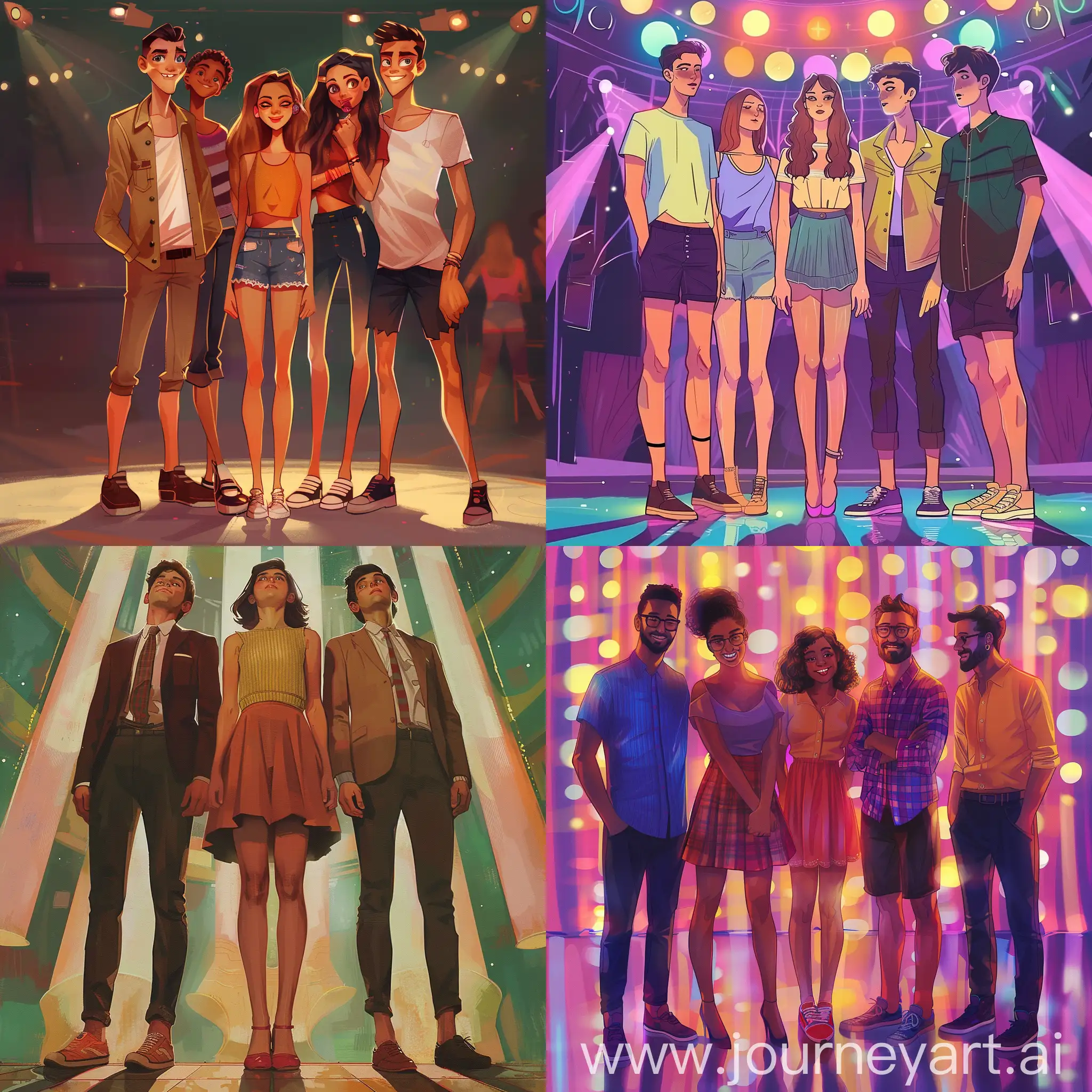 Five people are standing tall in a disco, a girl in the middle, in the style of disco, cartoon and realism