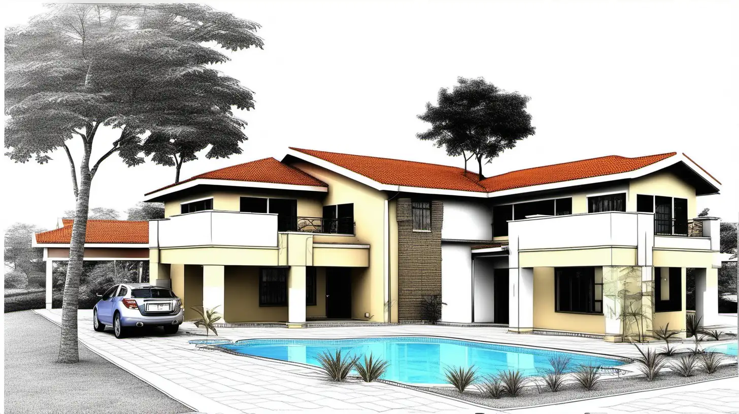 3 bedroom houses, architectural drawing, with trees, a pool, roads, gated community, 