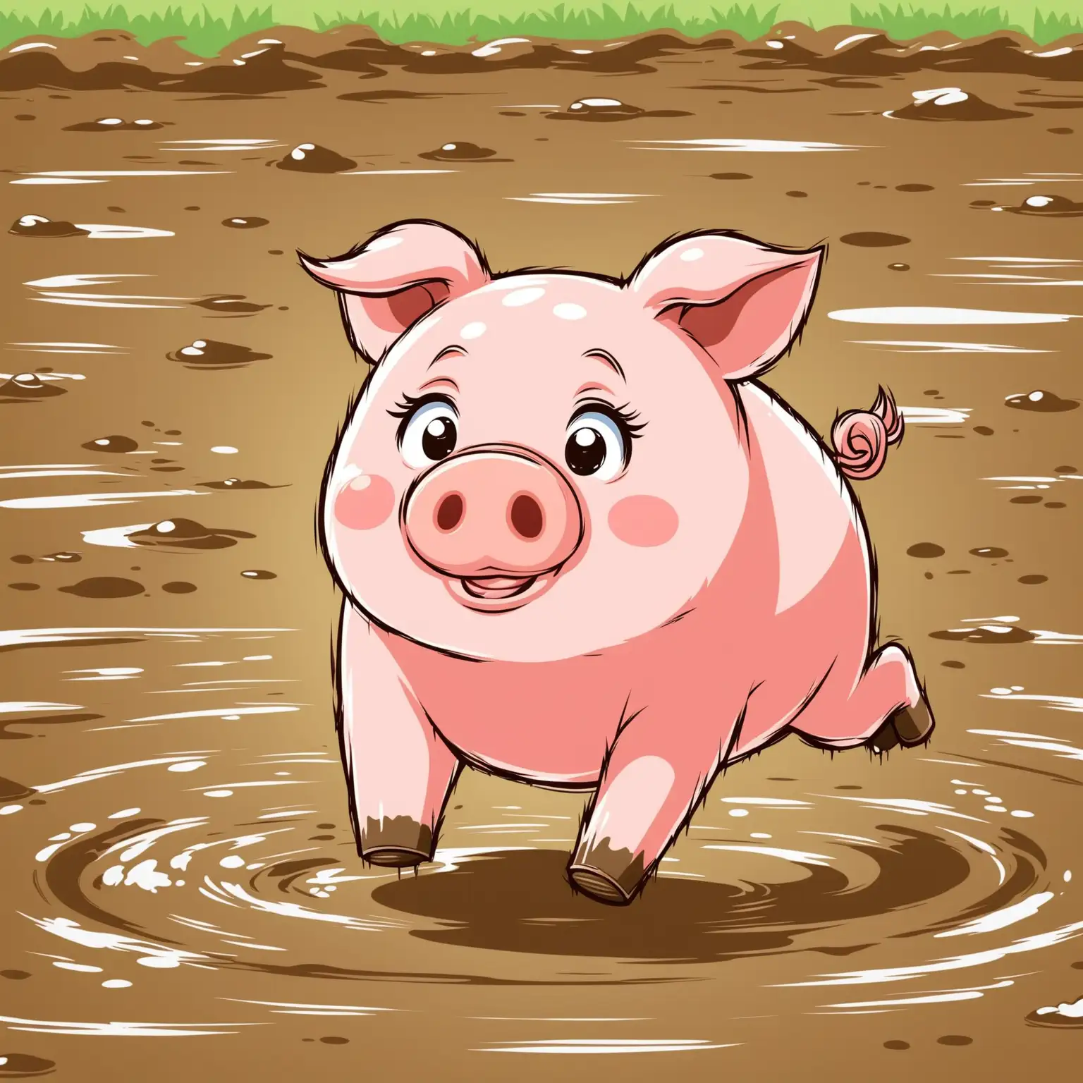 Playful Cartoon Pig Hopping in Mud Puddle