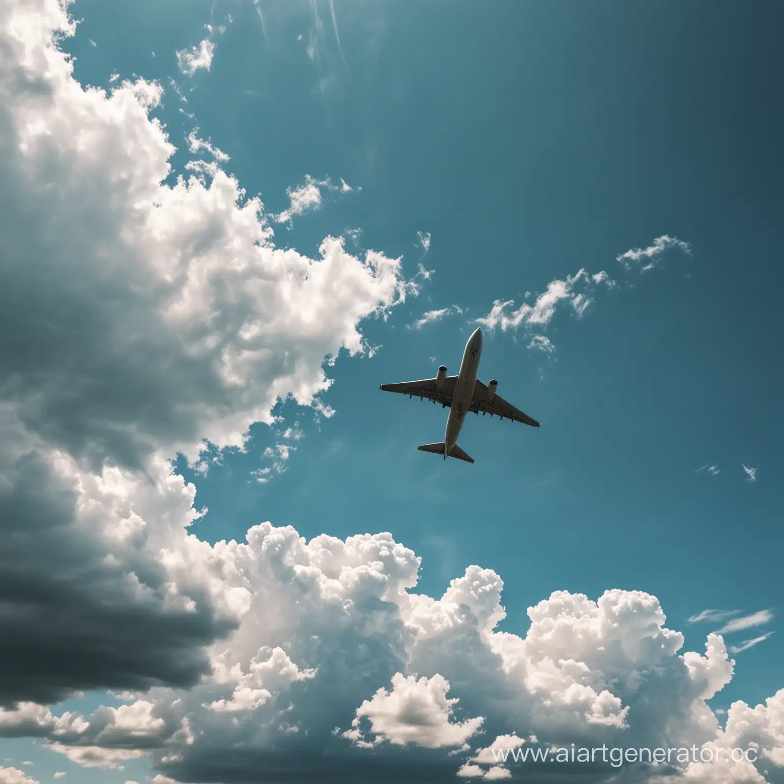 небо с облаками и летящим самолётом 
