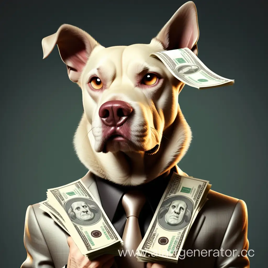 Богатый человек с головой собаки с деньгами