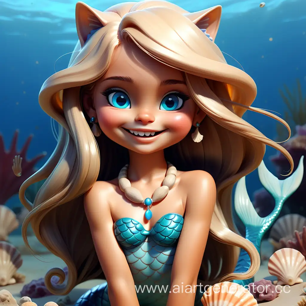 Маленькая девочка Мирослава- кошка- русалка с длинными пшеничными волосами, голубыми глазами, приветливой улыбкой, с ожерельем из ракушек на шее