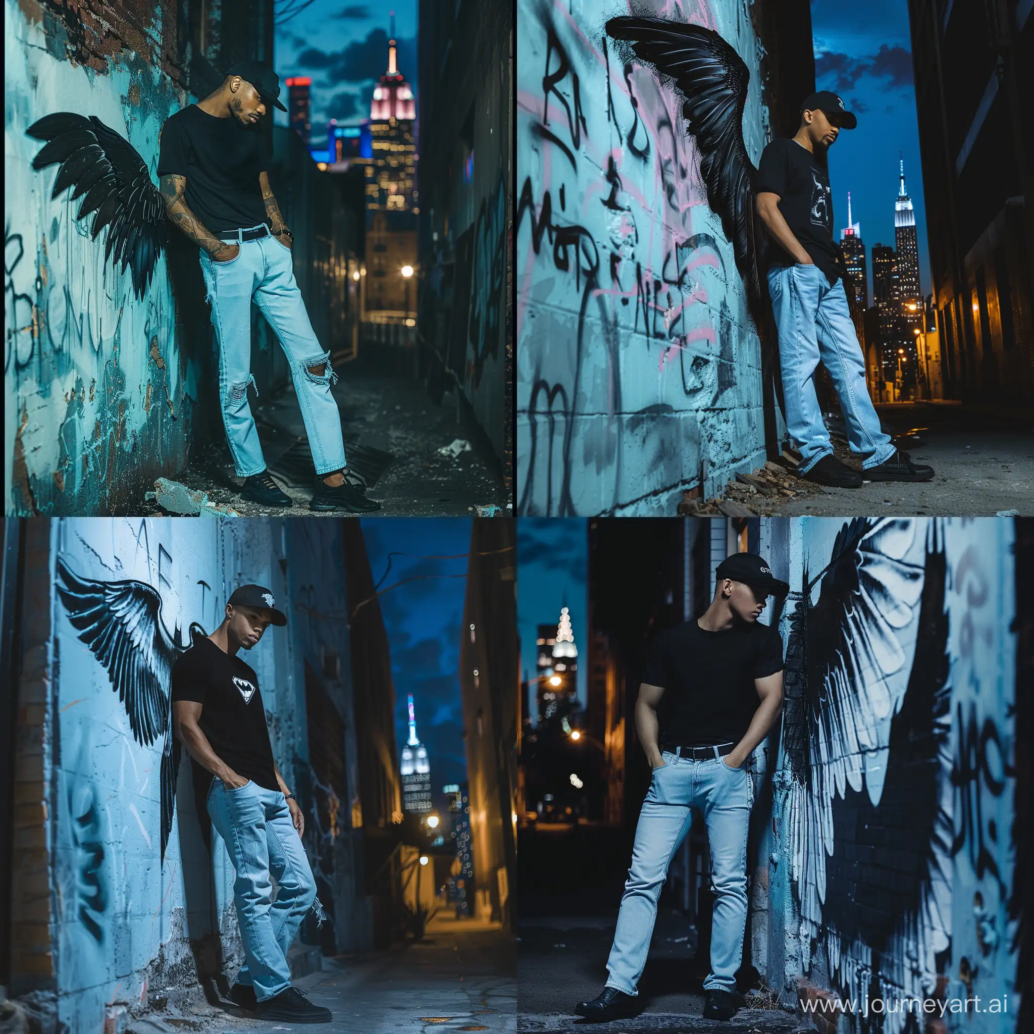 Create an image of a stylish man dressed in modern casual fashion, leaning against a wall at night. He is wearing a black cap, a black t-shirt, and light blue jeans, with black shoes. Behind him on the wall are large, artistic wings painted in black, giving the illusion that they belong to him. The setting is a dark alleyway at night, with the iconic Gotham City skyline visible in the background, illuminated by the glow of various building lights and the dark blue nocturnal sky.