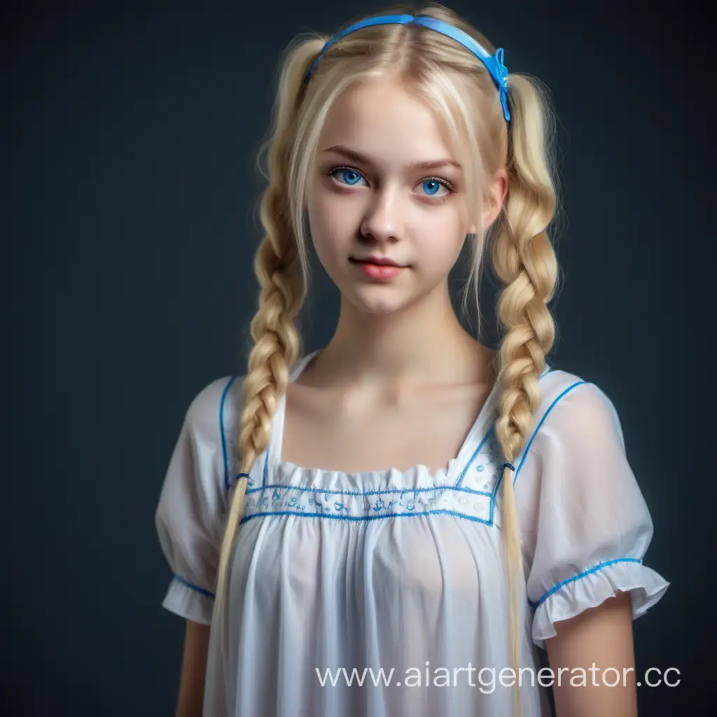 A beautiful, ironic 18-year-old girl, 9:16 image format, standing full height, with a sweet, very beautiful face, Slavic type, with blue eyes, blonde hair, pigtails, slender body, necessarily full-length, of the best quality, in a short translucent tight-fitting nightgown, white sandals, Smart, modest, shy, gentle, photorealism, 8k
