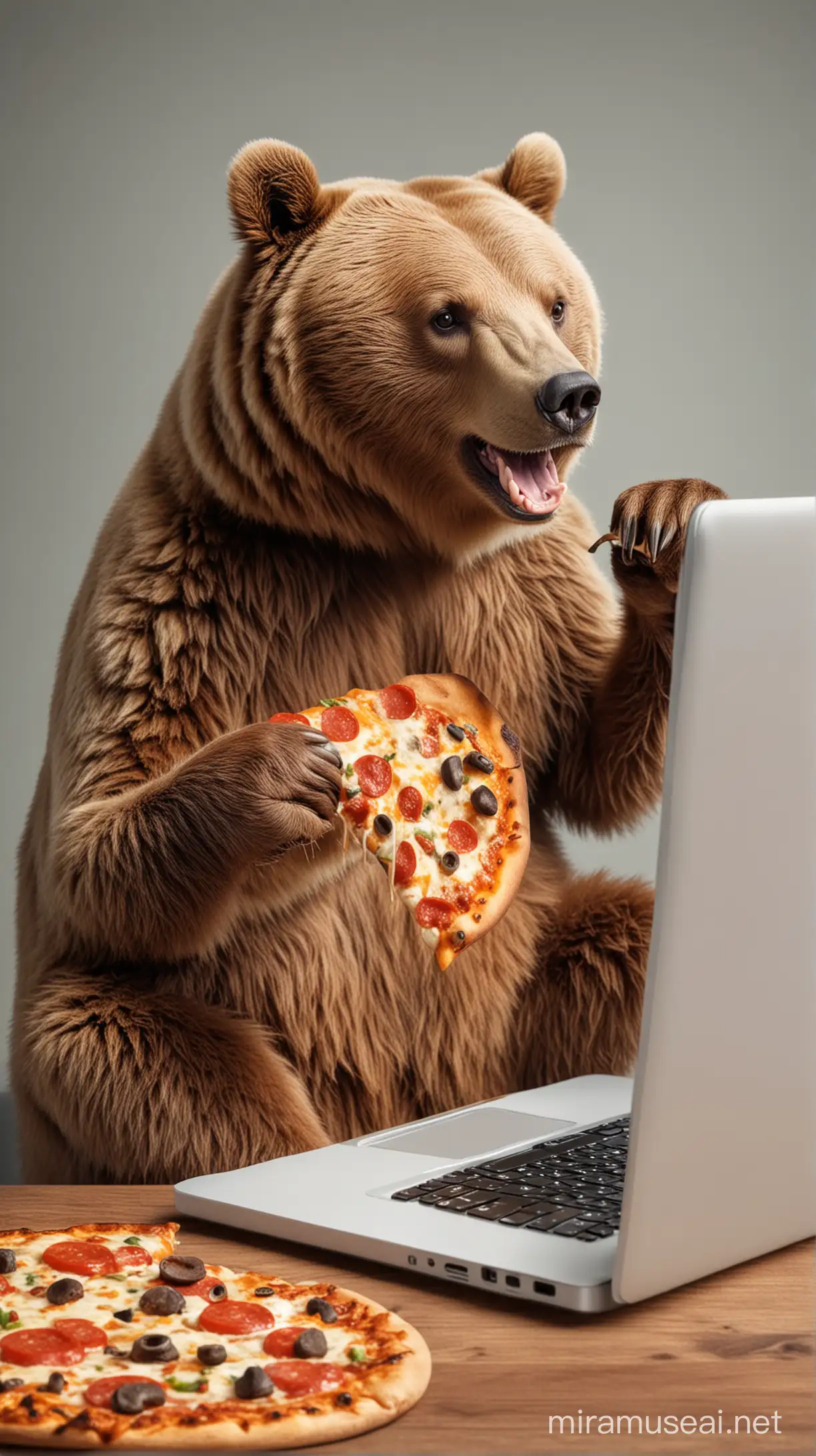 generate image that a bear is working with laptop and eating pizza