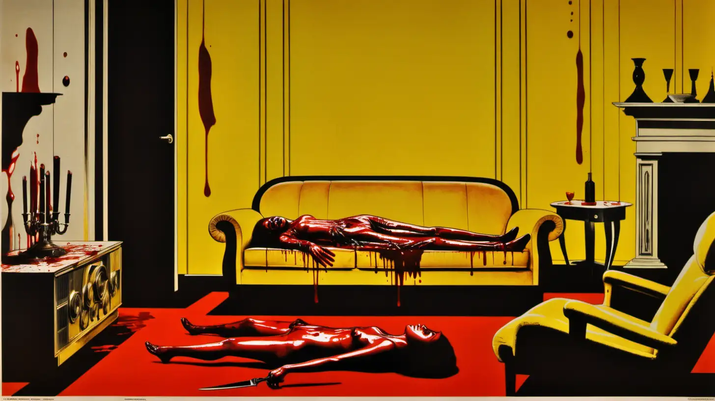 poster for insane 1970s Italian Giallo film, called  “Deranged”, dead body in an art deco living room, knives, blood