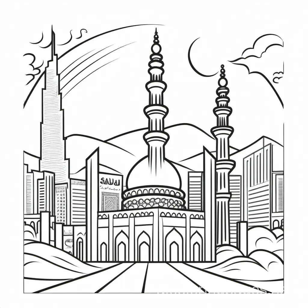 Expo Saudi Arabia, Coloring Page, black and white, line art, white background, Simplicity, Ample White Space. The background of the coloring page is plain white to make it easy for young children to color within the lines. The outlines of all the subjects are easy to distinguish, making it simple for kids to color without too much difficulty