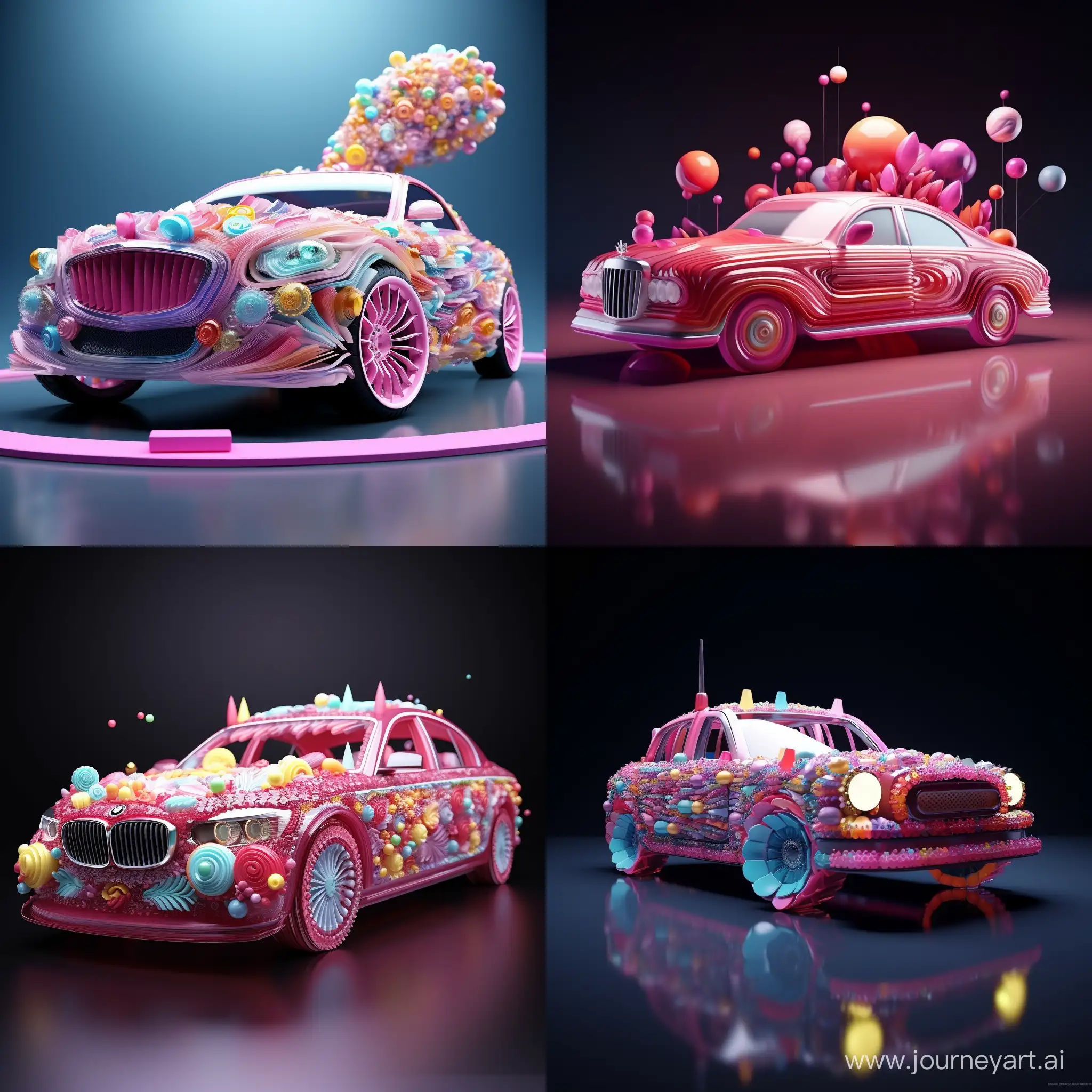 A beautiful car made out of candy. 3D animation 