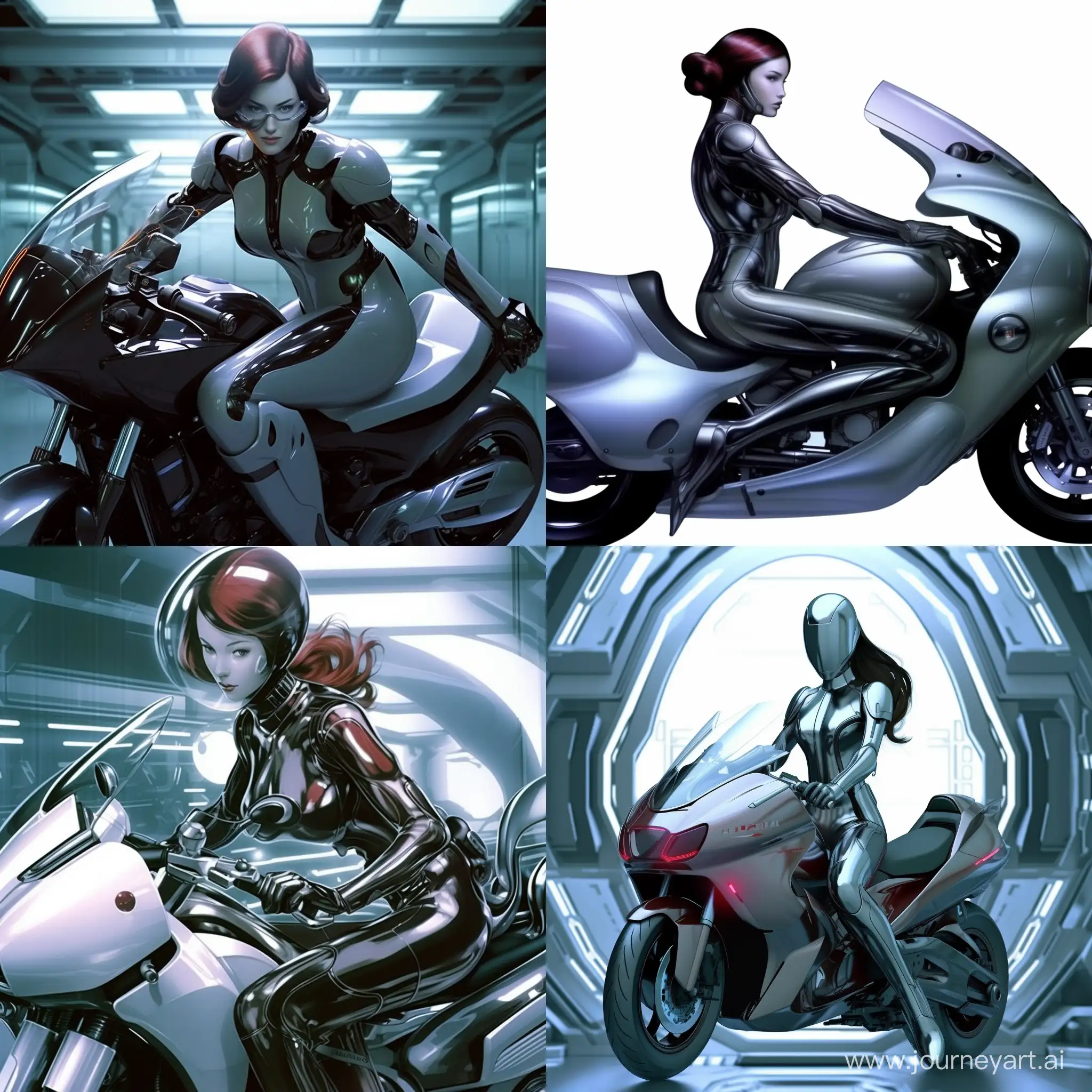 Woman in a latex suit on a futuristic motorcycle, futuristic Japanese tech
