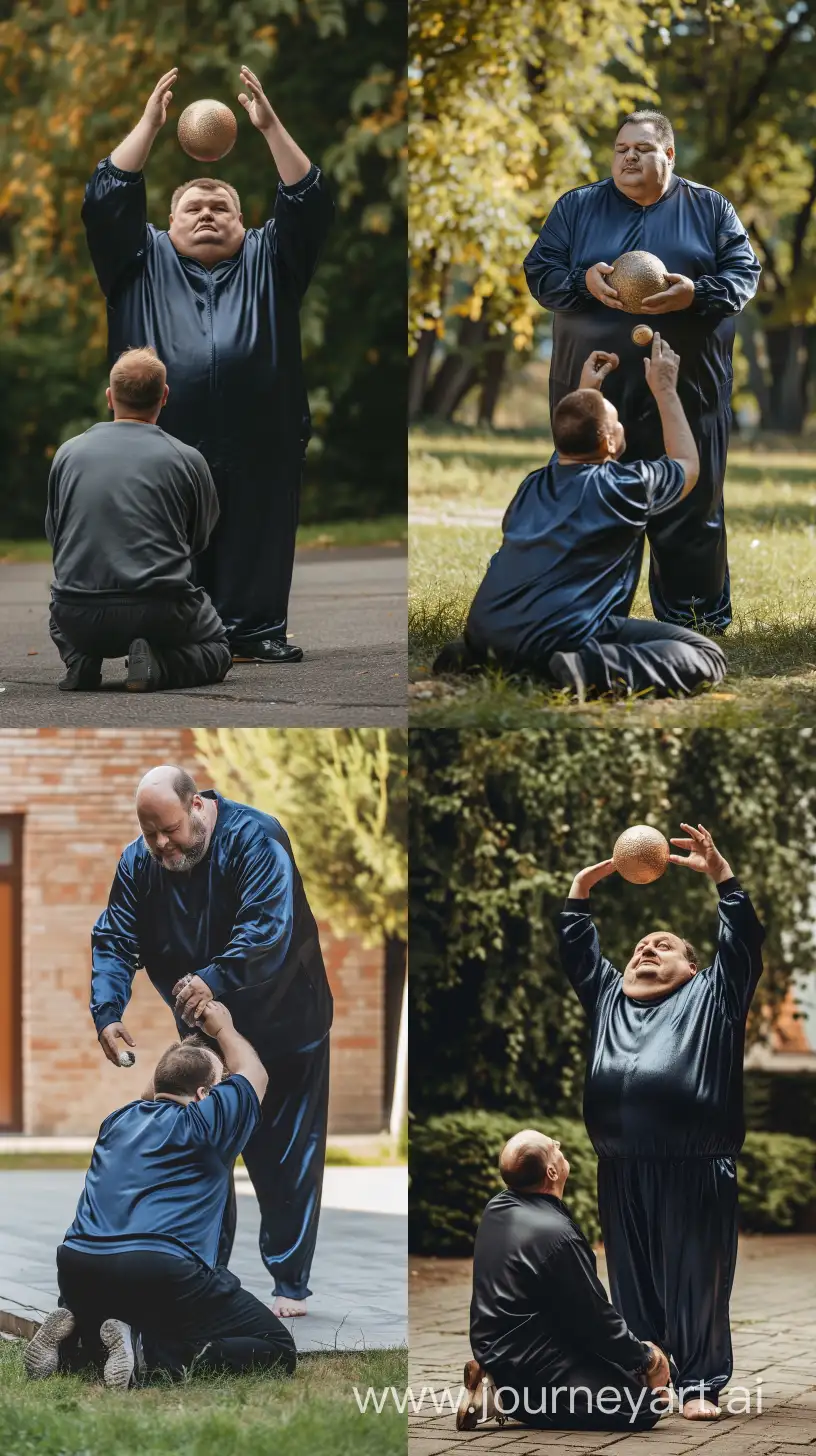 Photo of a chubby man 70 wearing a silky navy tracksuit, placing a small ball on the head of another man who is kneeling in front of him.  Outside. --style raw --ar 9:16 --v 6