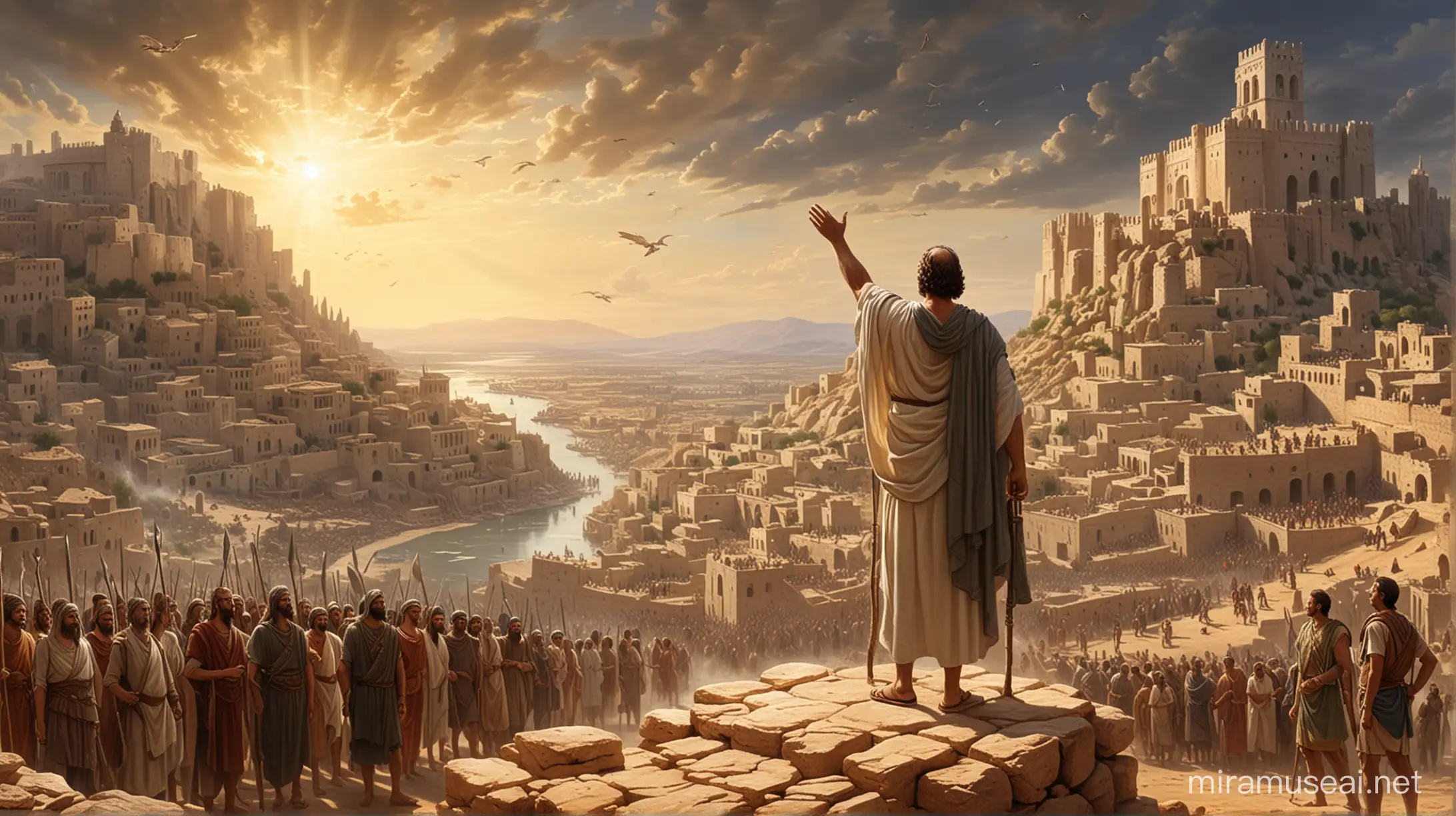 Generate an image depicting Nimrod's leadership in founding great cities under his rule, as recounted in Genesis 10:8-12. Show Nimrod overseeing the construction and development of these cities. 